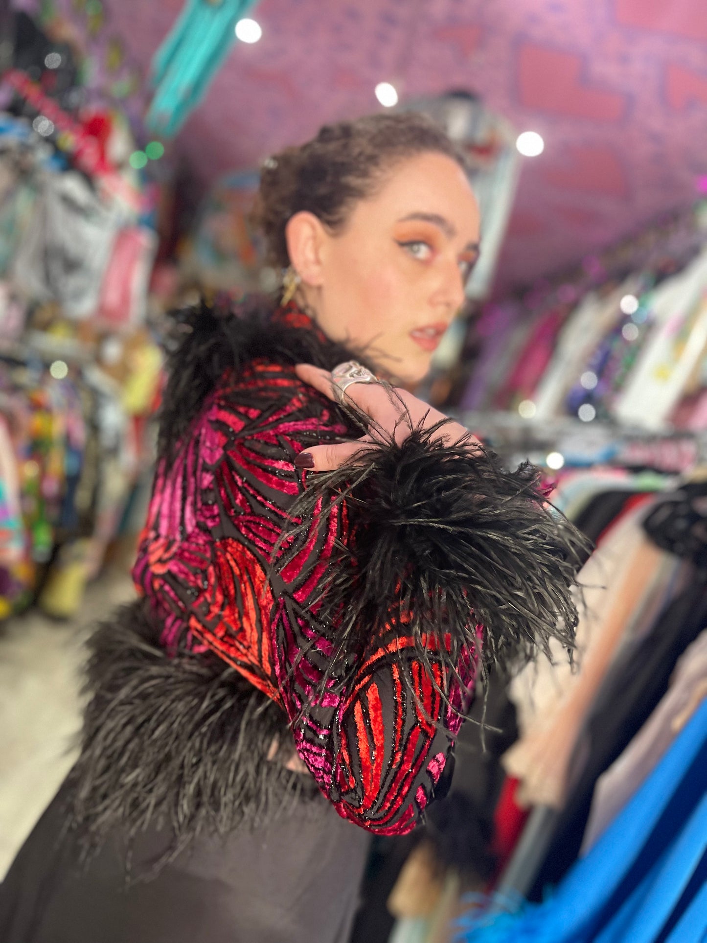 Vintage 70s 80s Feather Cuff Velvet Burnout Bolero Jacket - Spark Pretty