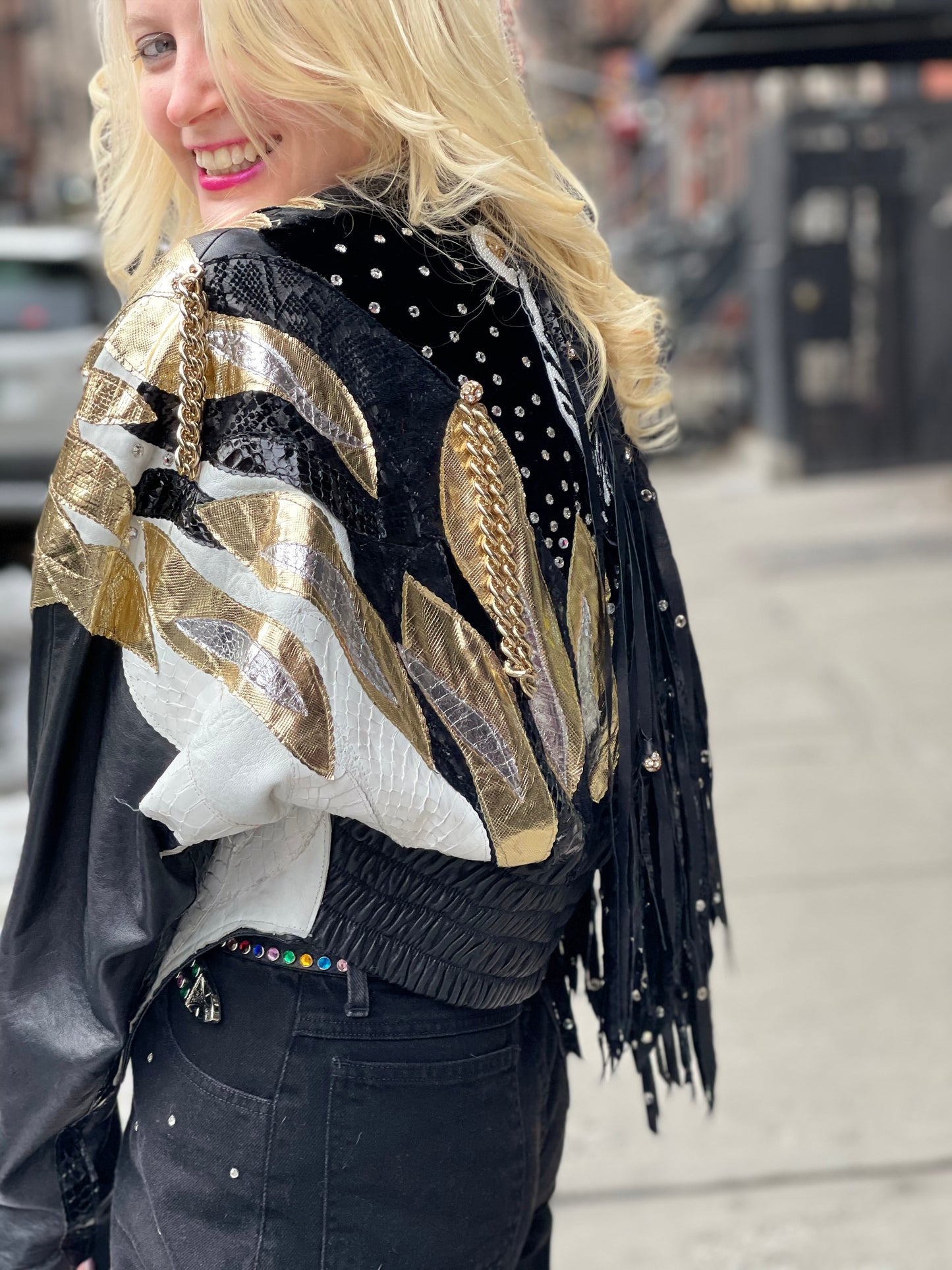 Vintage 80s Leather Fringe Metallic Rhinestone Sequin Zebra Jacket - Spark Pretty