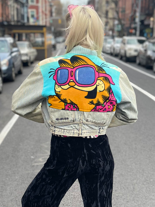Vintage 80s Patchwork Garfield Cropped Jean Jacket - Spark Pretty