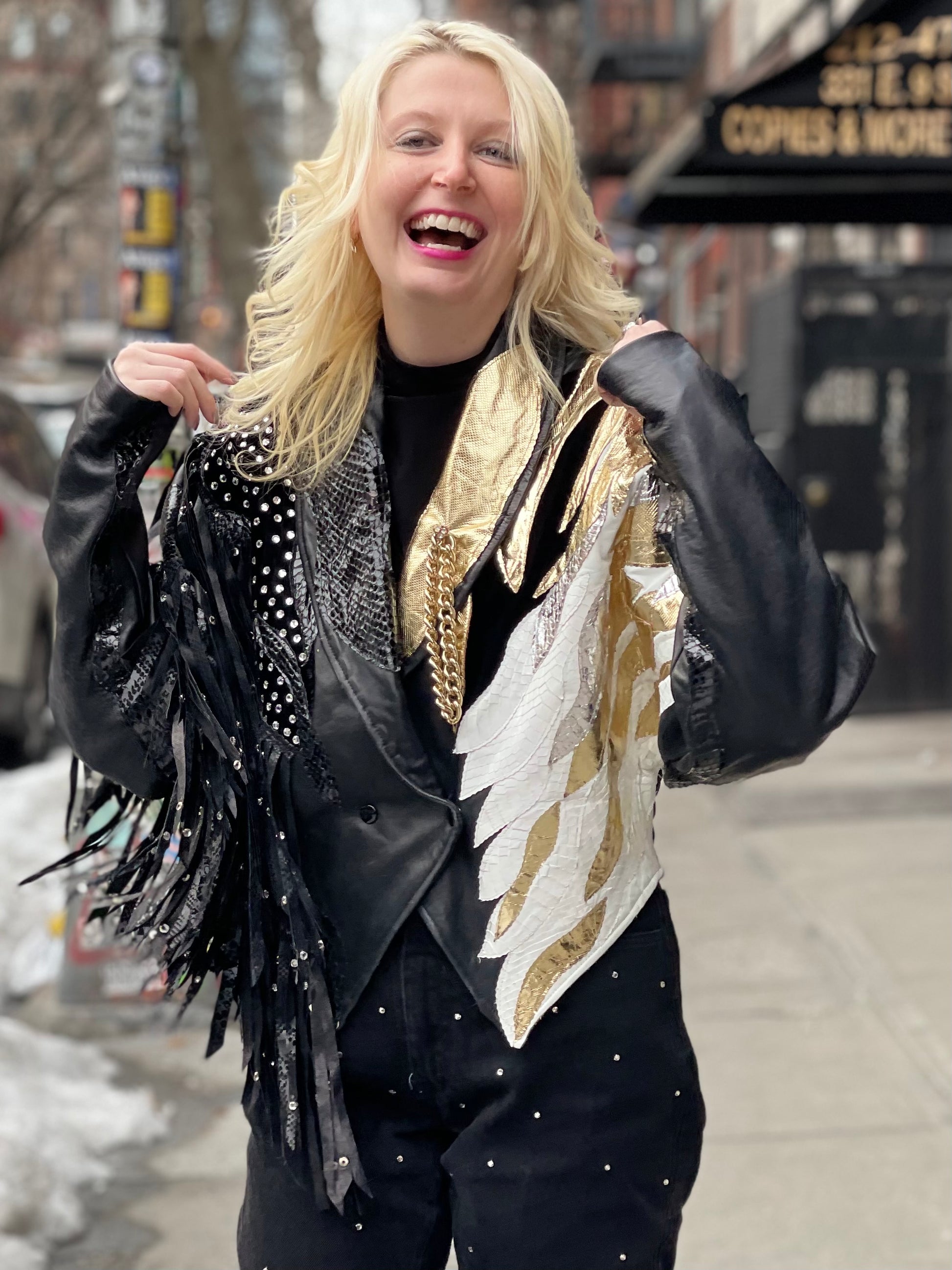 Vintage 80s Leather Fringe Metallic Rhinestone Sequin Zebra Jacket - Spark Pretty