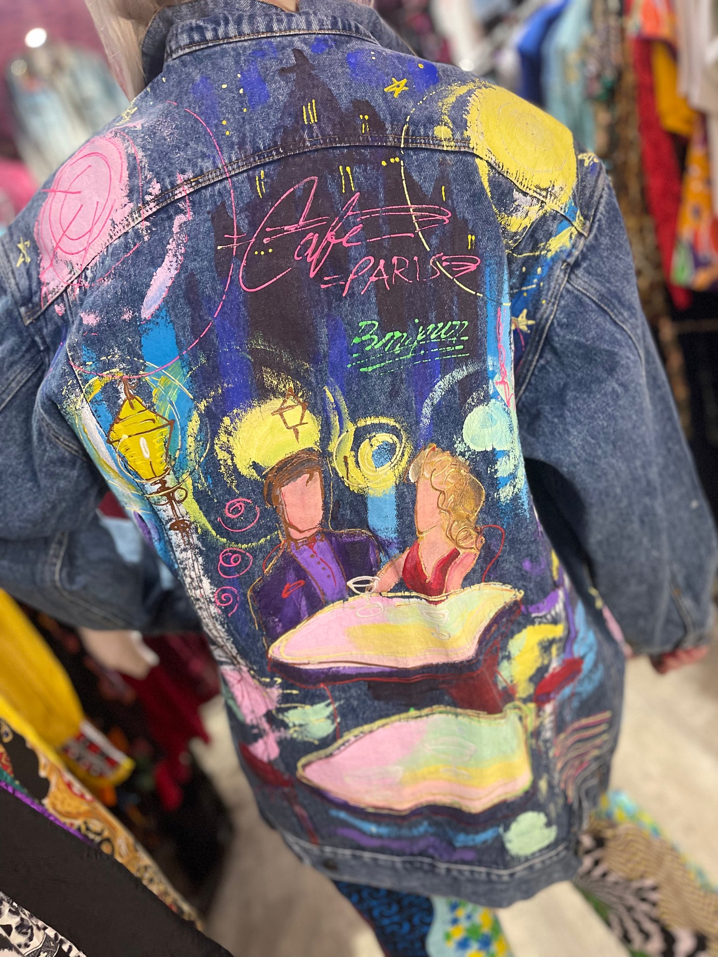 Vintage 90s Paris Cafe Themed Jean Jacket - Spark Pretty