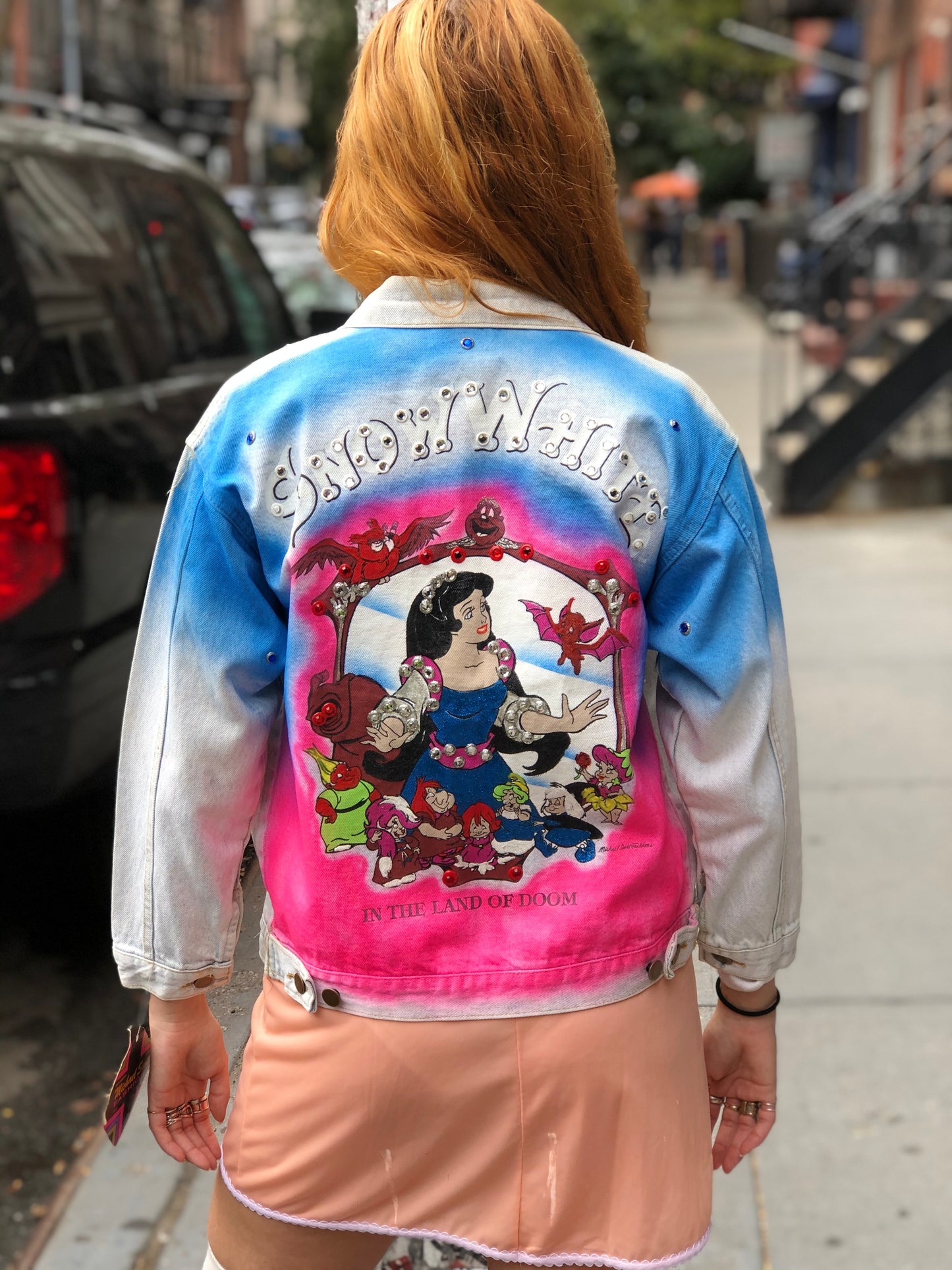 Vintage 80s Acid Wash Snow White Bedazzled Jean Jacket XS - Spark Pretty