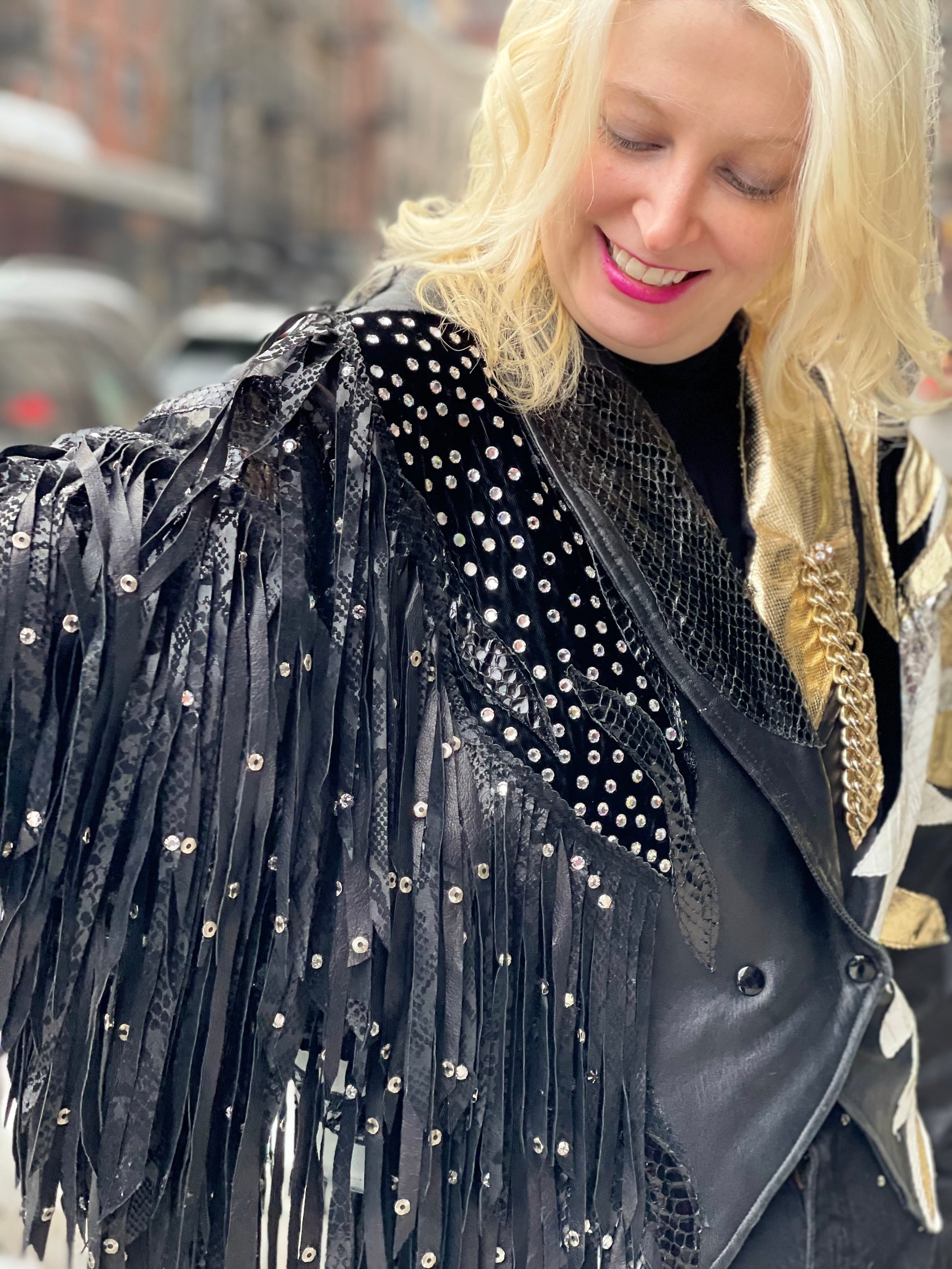 Vintage 80s Leather Fringe Metallic Rhinestone Sequin Zebra Jacket - Spark Pretty