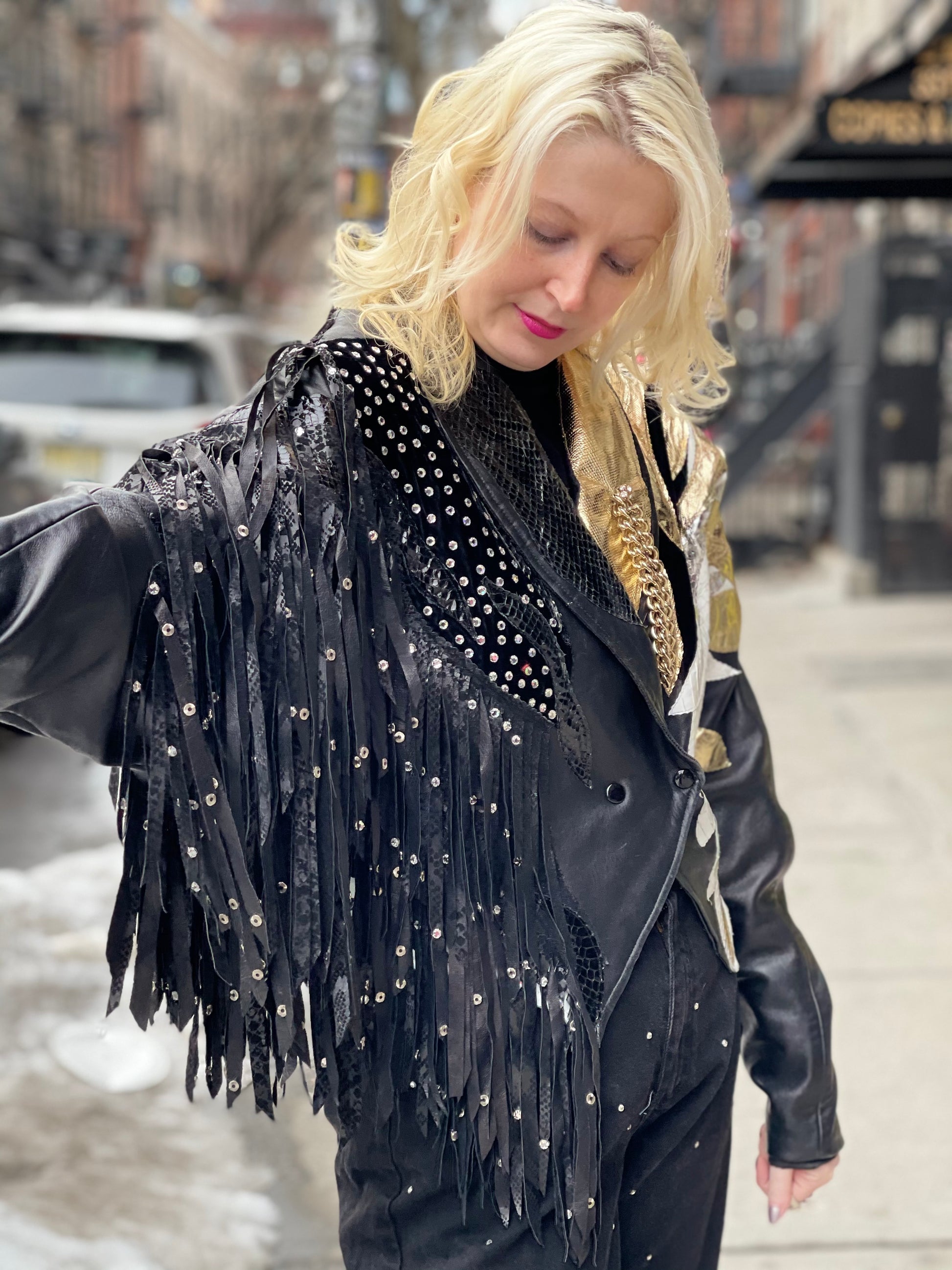 Vintage 80s Leather Fringe Metallic Rhinestone Sequin Zebra Jacket - Spark Pretty