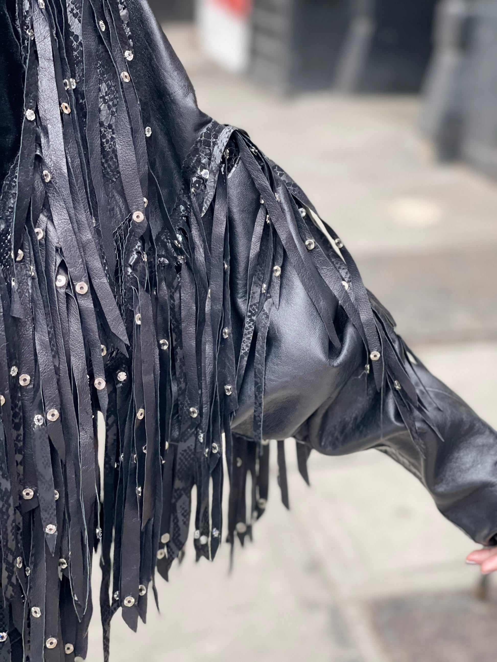 Vintage 80s Leather Fringe Metallic Rhinestone Sequin Zebra Jacket - Spark Pretty