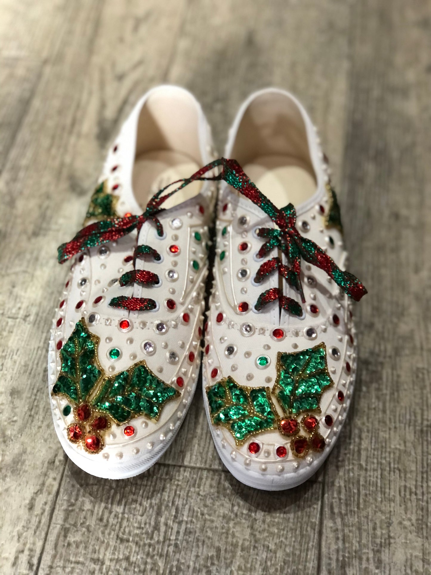 Vintage 80s Sequin Bedazzled Lace Up Christmas Sneakers Size 10 - Spark Pretty
