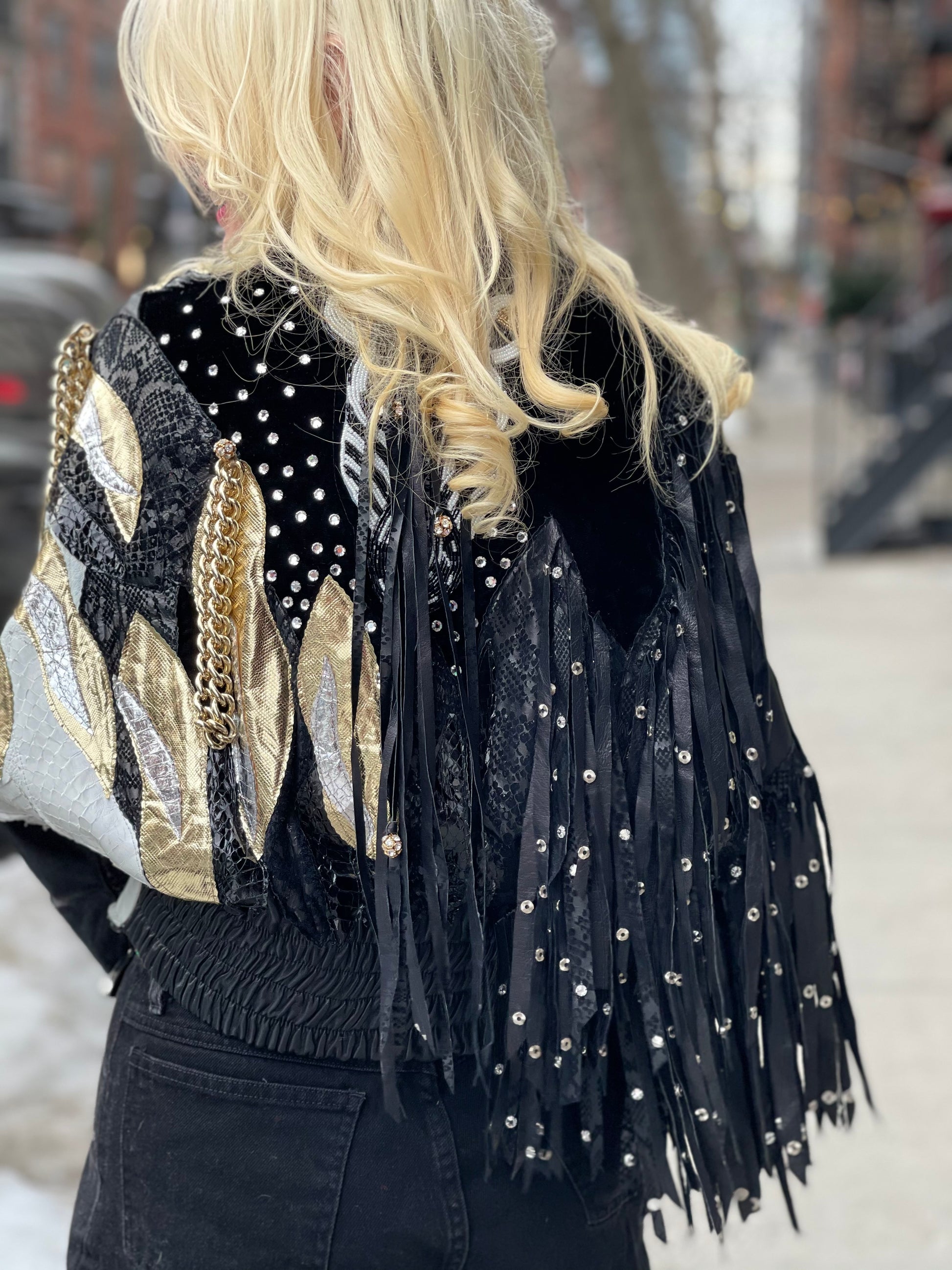 Vintage 80s Leather Fringe Metallic Rhinestone Sequin Zebra Jacket - Spark Pretty
