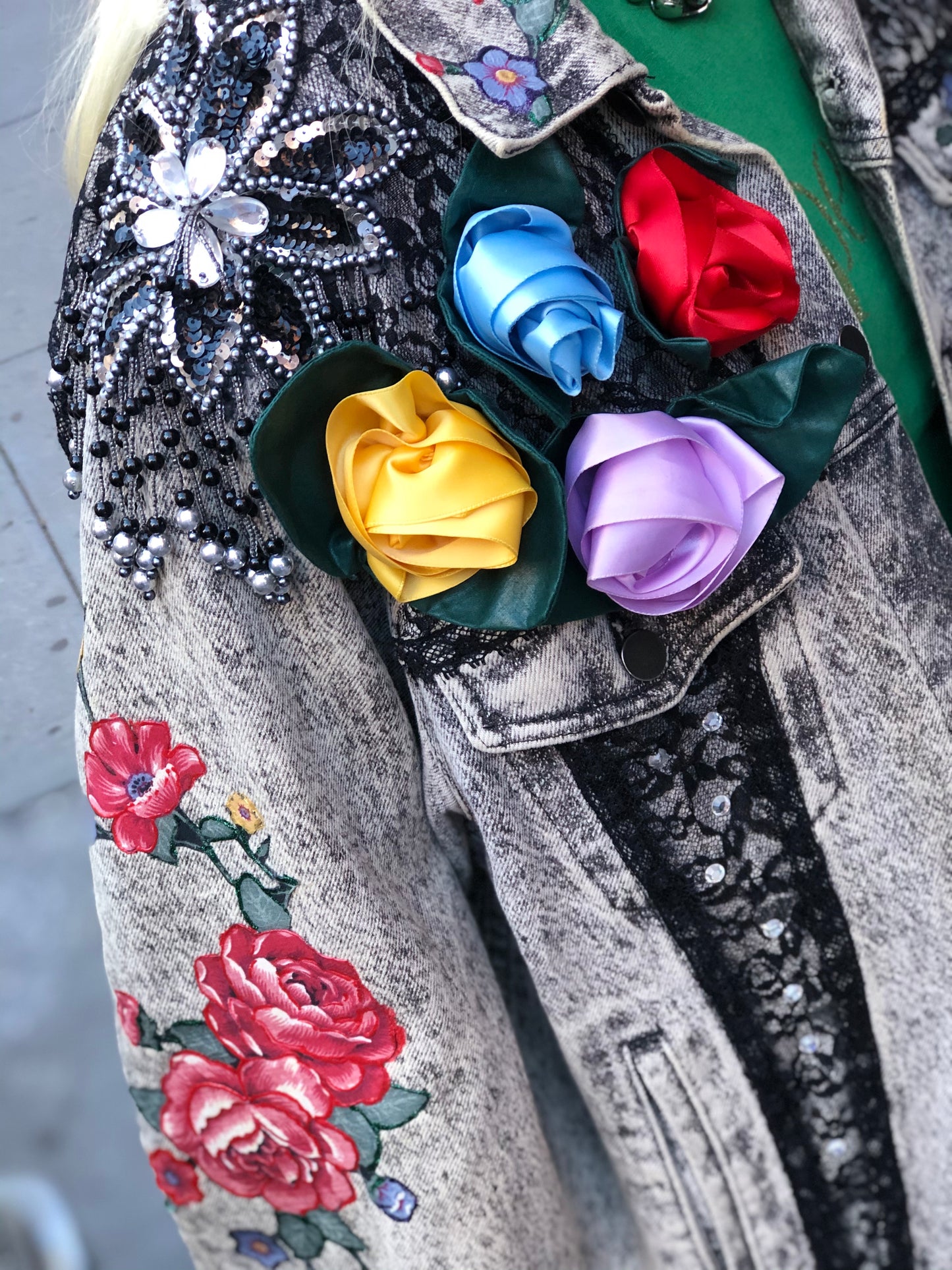 Vintage 80s One of a Kind Patchwork Bedazzled Acid Wash Jean Jacket - Spark Pretty