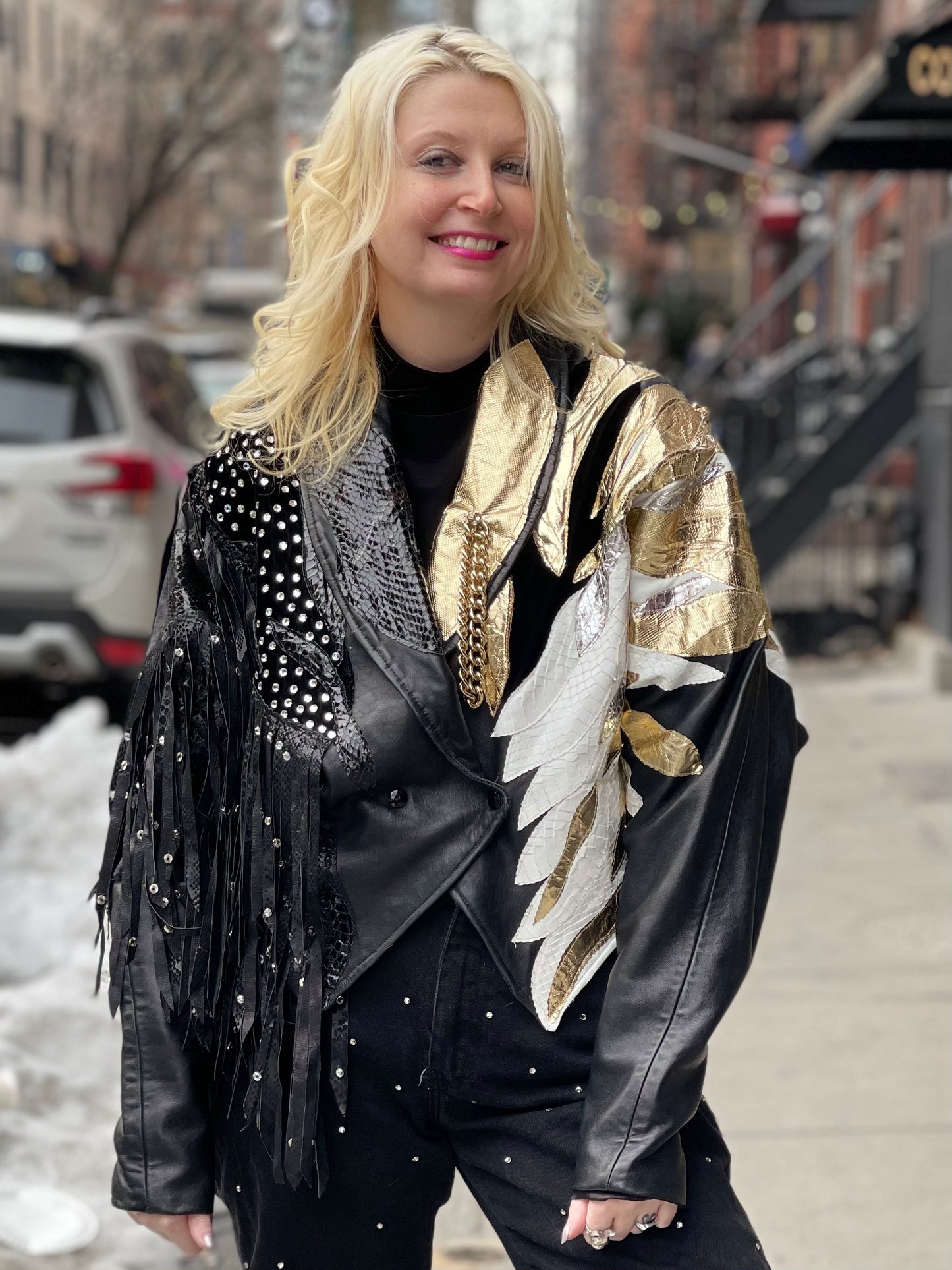 Vintage 80s Leather Fringe Metallic Rhinestone Sequin Zebra Jacket - Spark Pretty