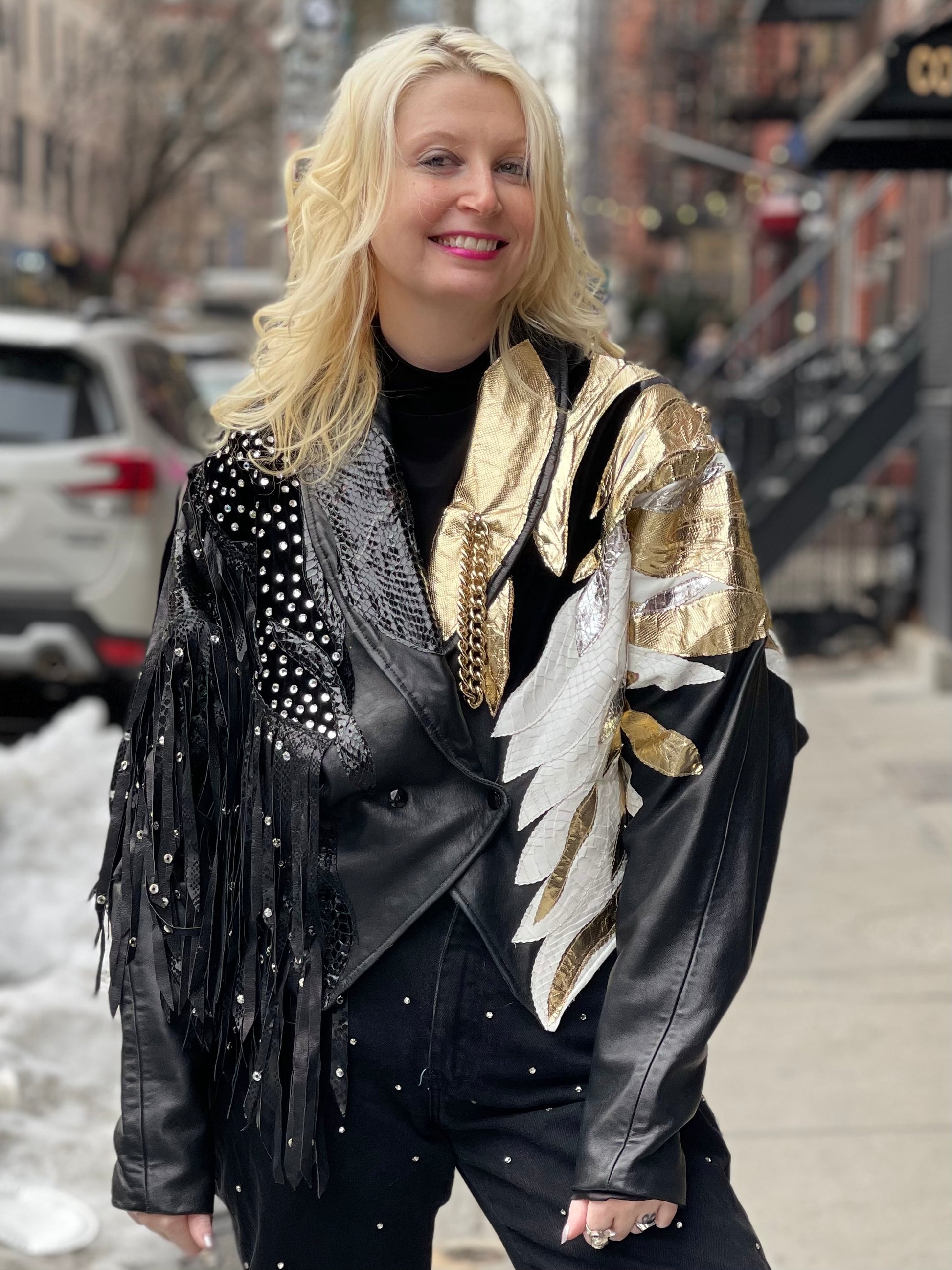 Vintage 80s Leather Fringe Metallic Rhinestone Sequin Zebra Jacket - Spark Pretty