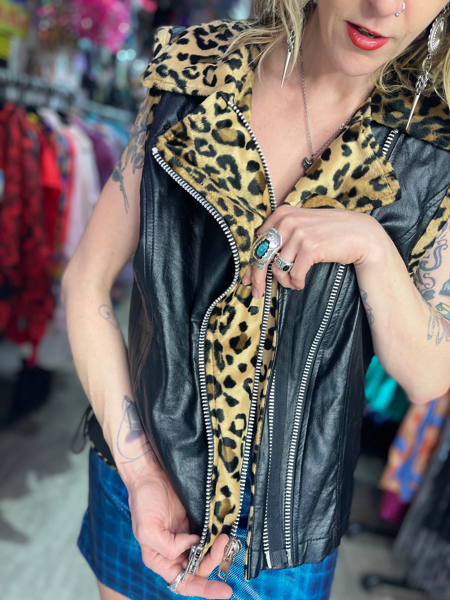 Vintage 90s Lip Service Faux Leather And Leopard Print Moto Vest - Spark Pretty