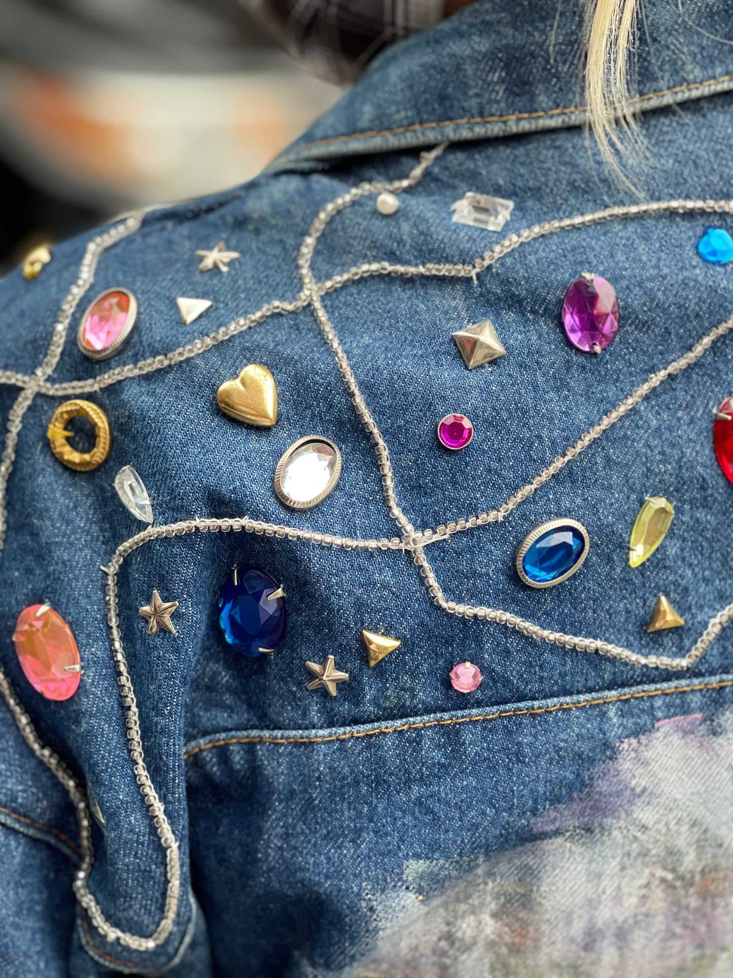 Vintage 80s Hand Painted Clown Bedazzled Jean Jacket - Spark Pretty