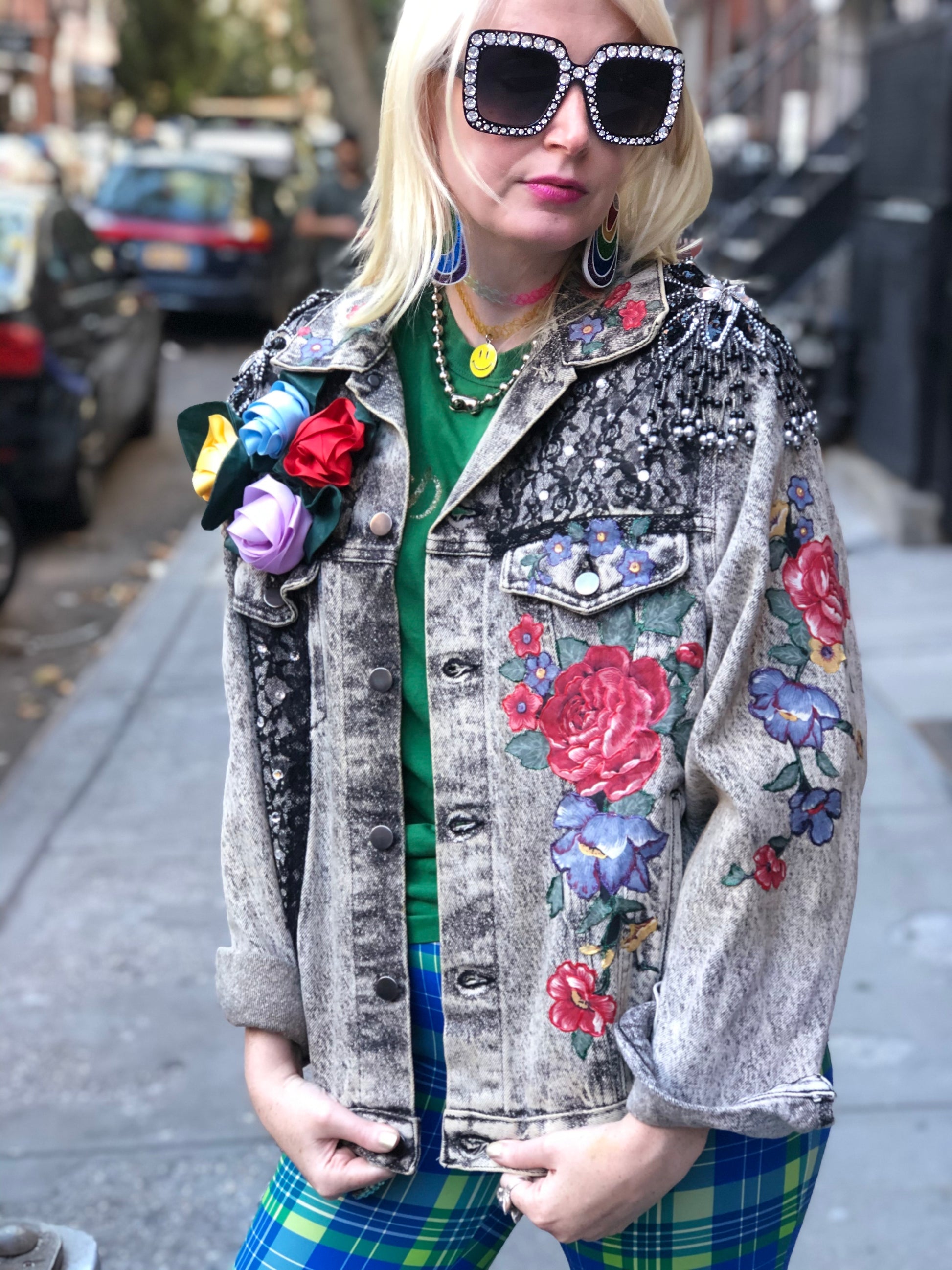 Vintage 80s One of a Kind Patchwork Bedazzled Acid Wash Jean Jacket - Spark Pretty