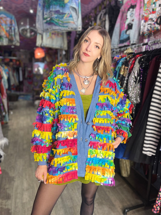 Vintage 90’s Rainbow Fringe Denim Jacket