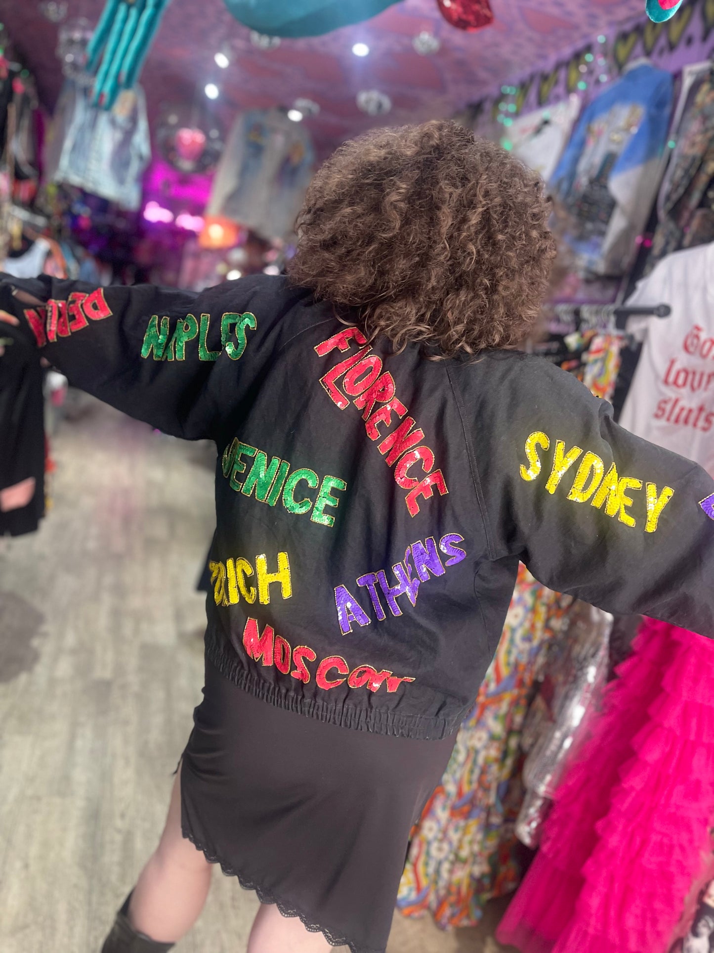 Vintage 90s Sequin City Theme Bomber Denim Jacket