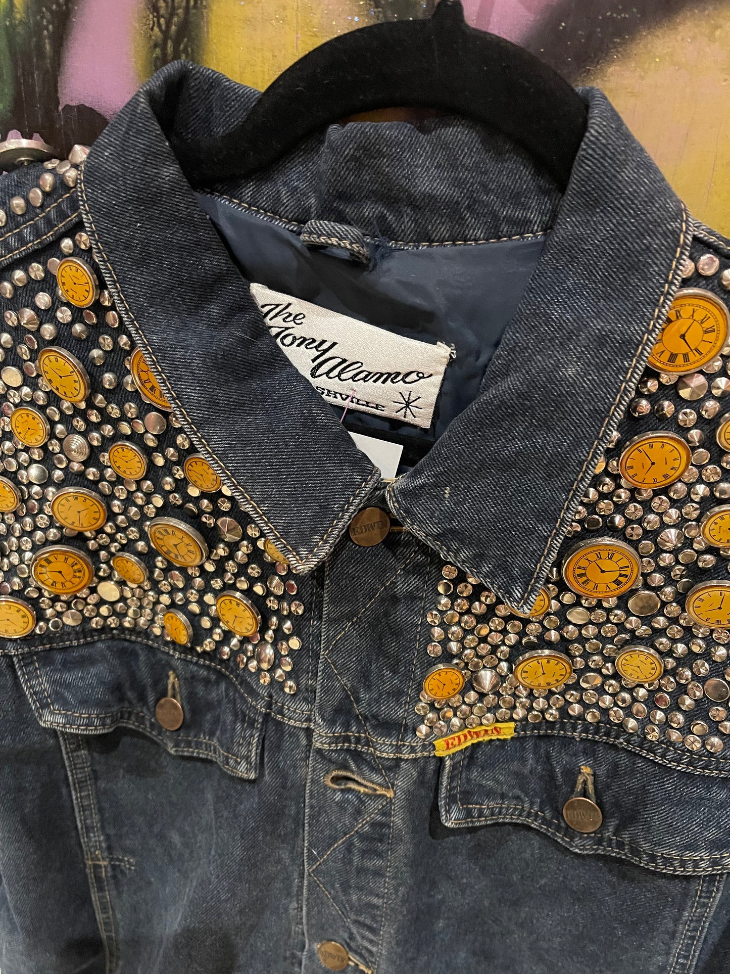 Vintage 80s Studded Clocks Jean Jacket