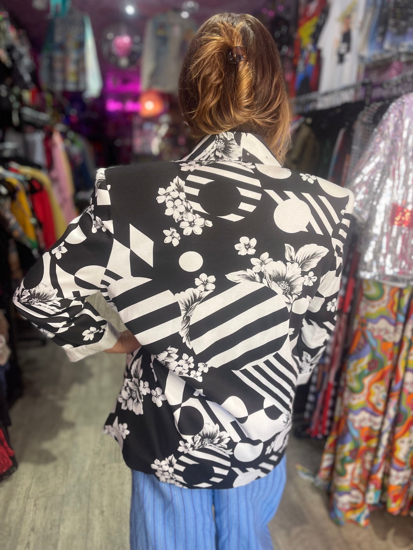 Vintage 90s Mix Print Black and White Geometric Blazer