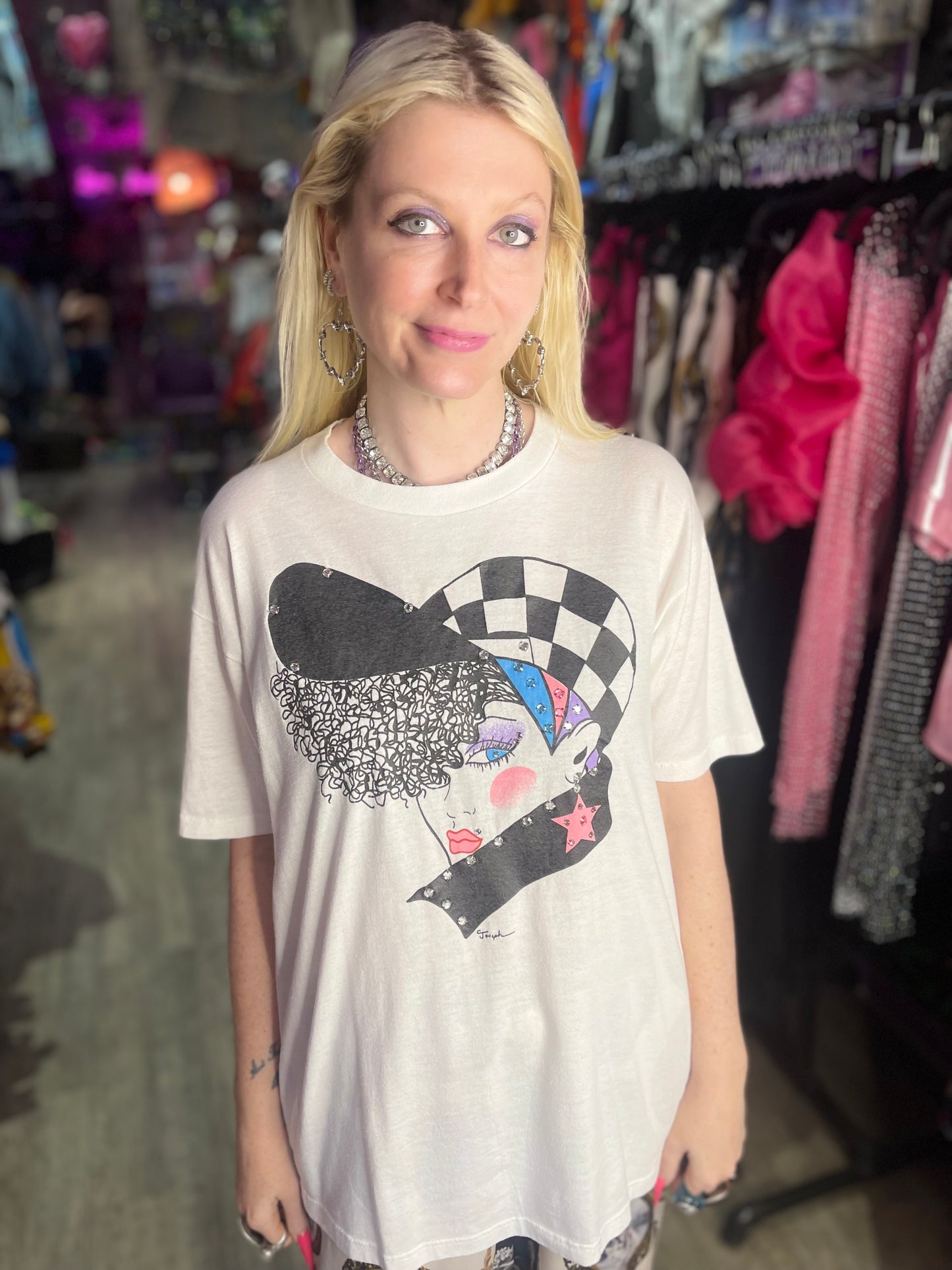 Vintage 80s New Wave Girl Bedazzled T-shirt