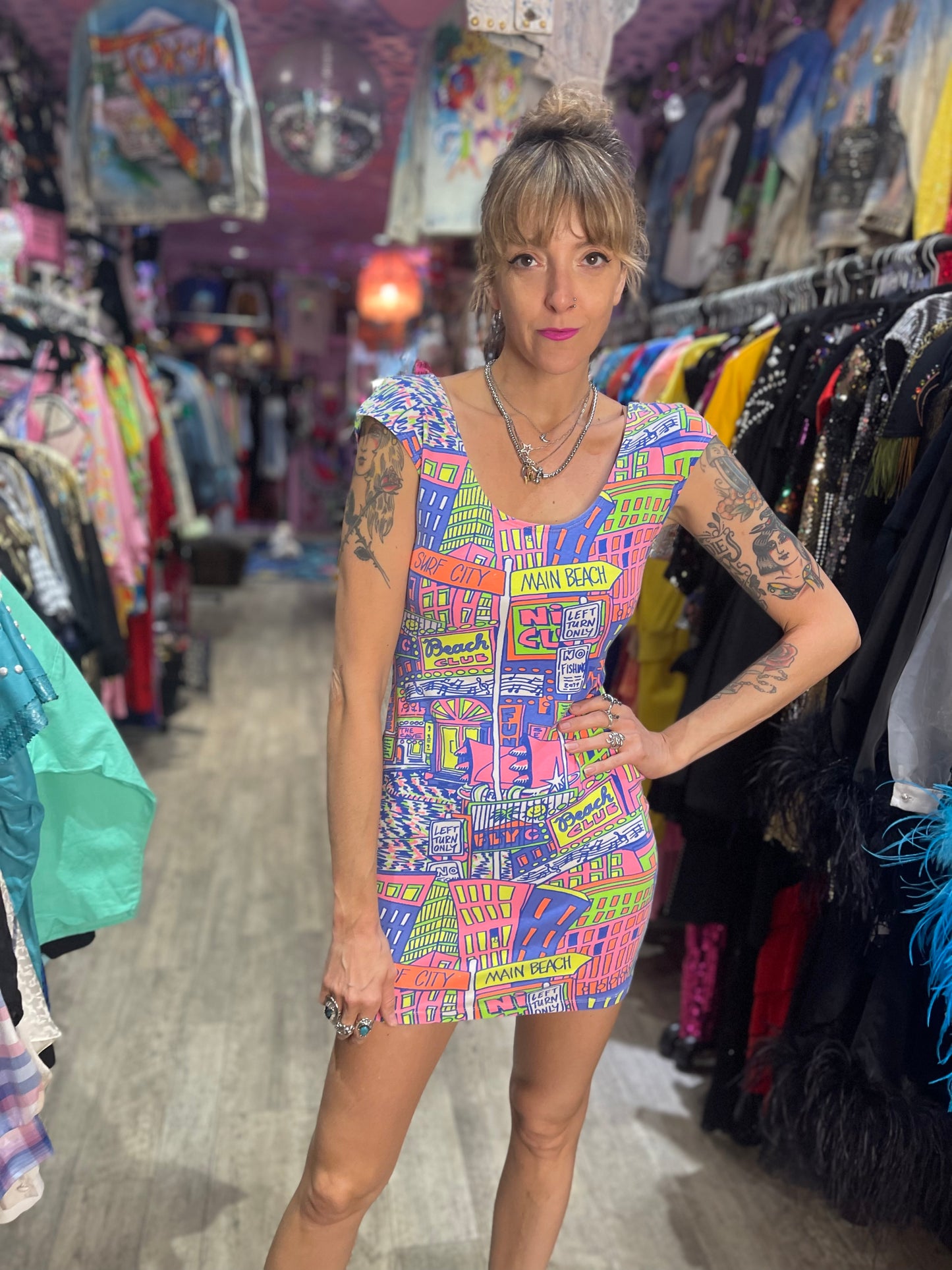 Vintage 90s Neon Beach Mini Dress