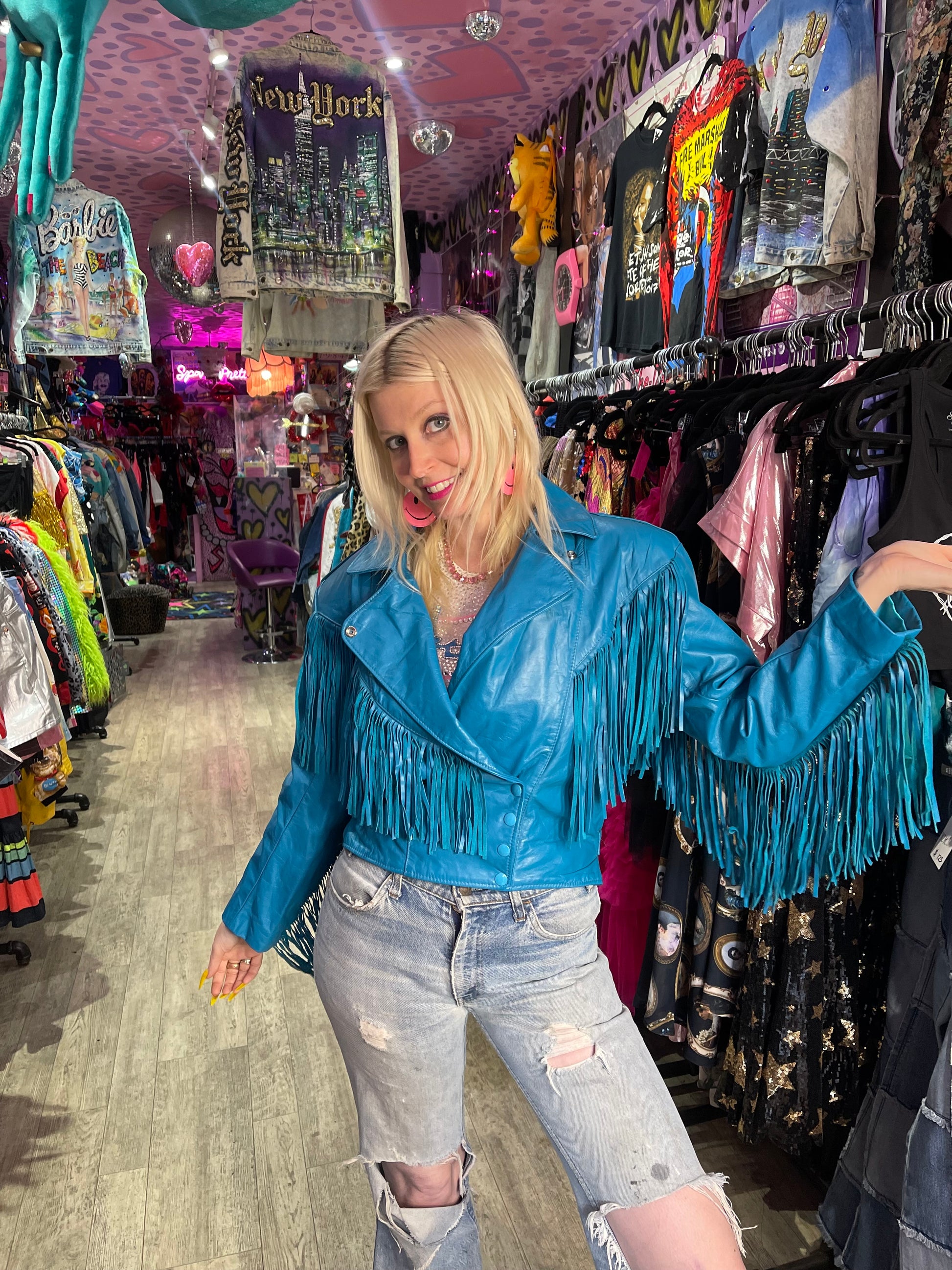 Vintage 80s Turquoise Blue Leather Fringe Moto Jacket - Spark Pretty