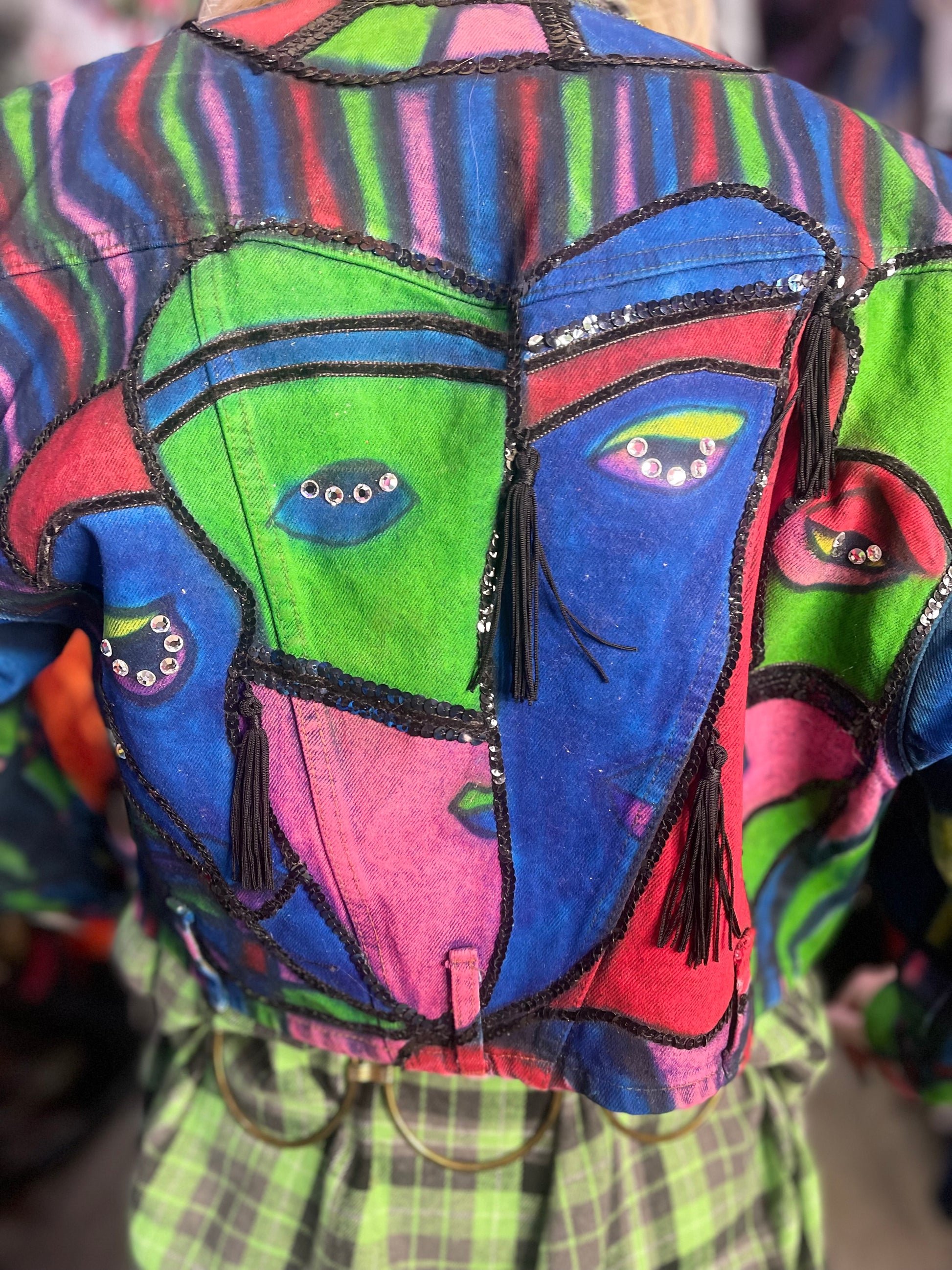 Vintage 80s Geometric Painted Faces Denim Jacket - Spark Pretty