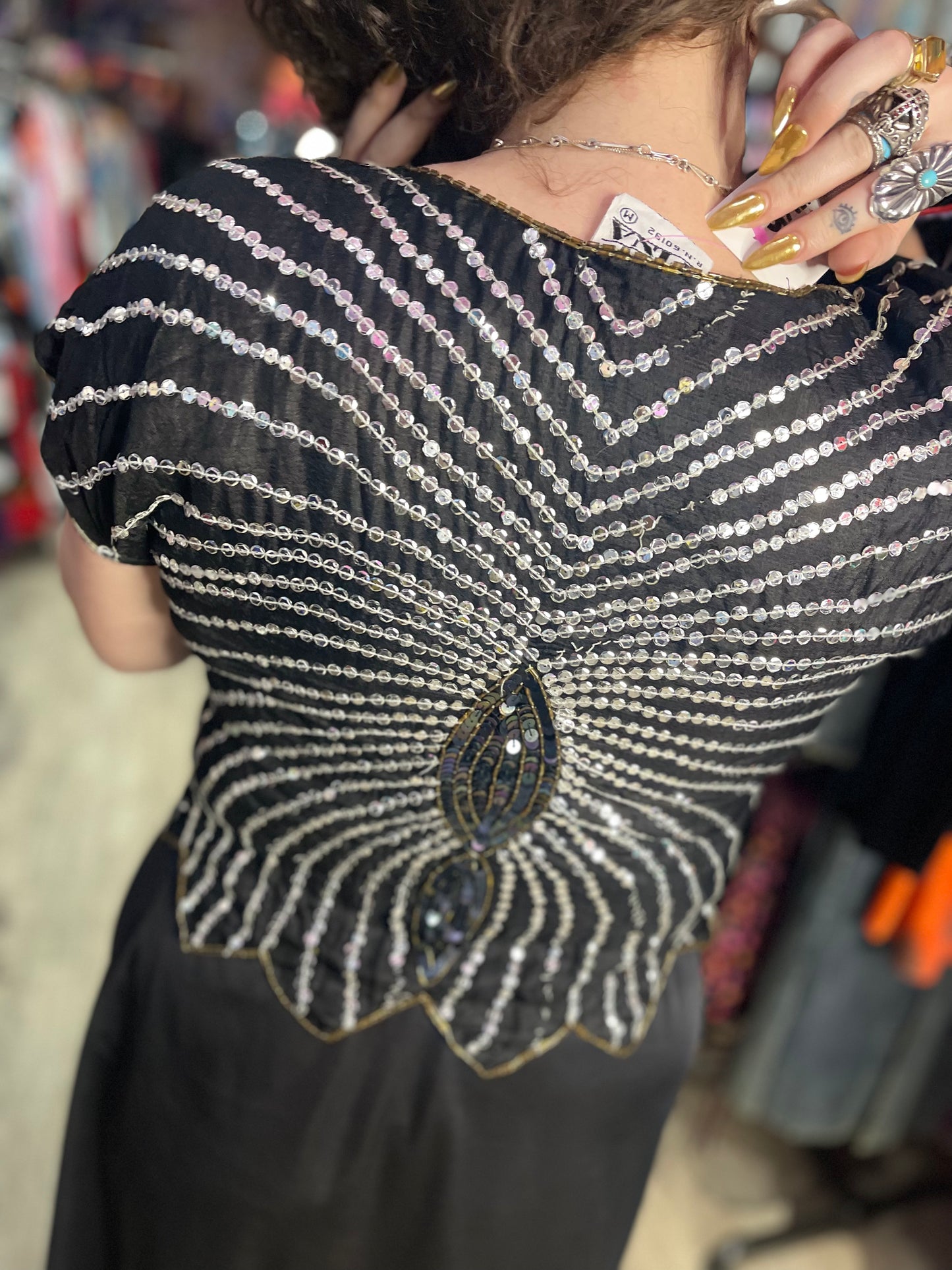 Vintage 80s Sequin Black Butterfly Top