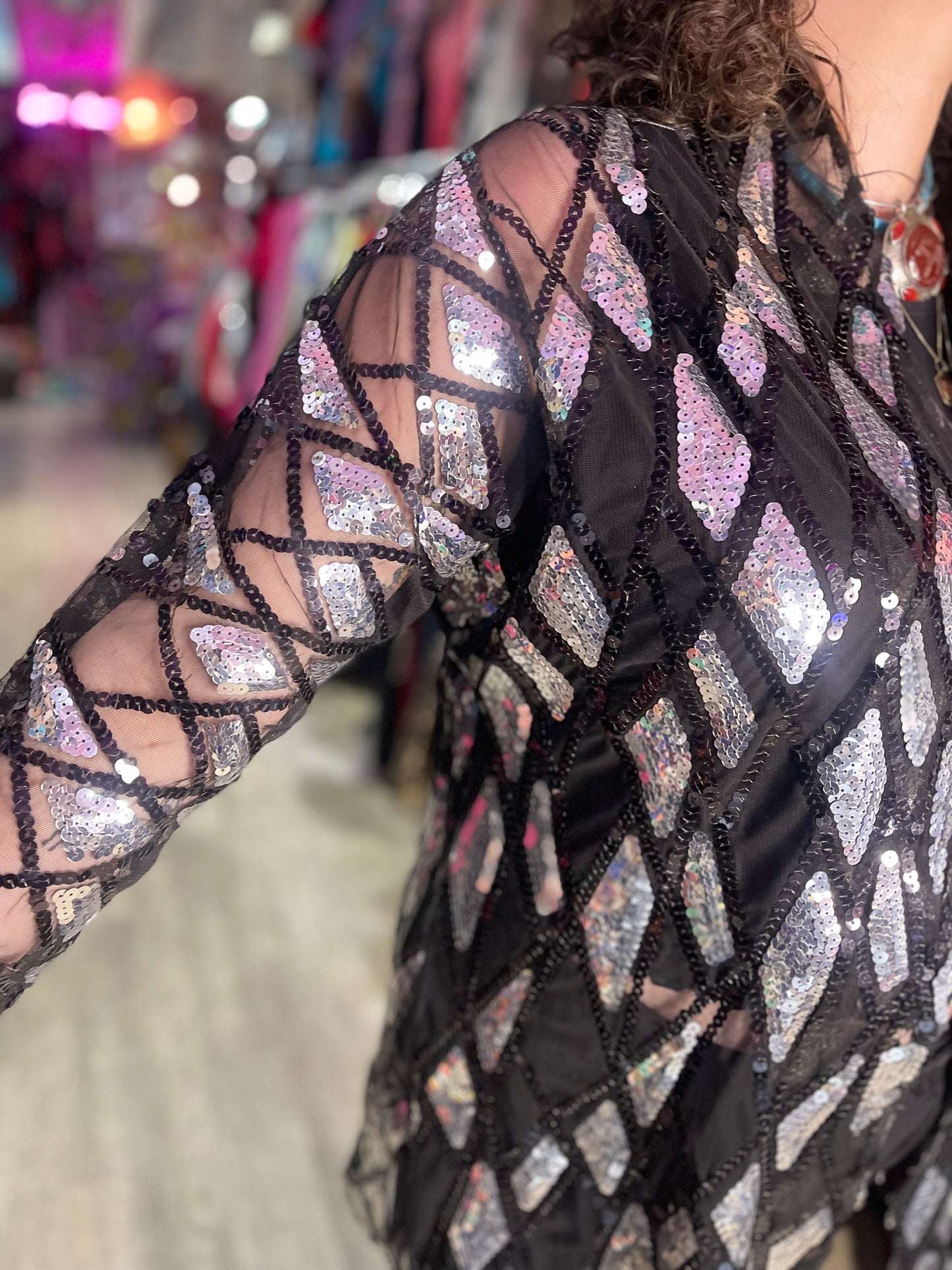 Vintage 80s Sequin Silver and Black Kimono Jacket