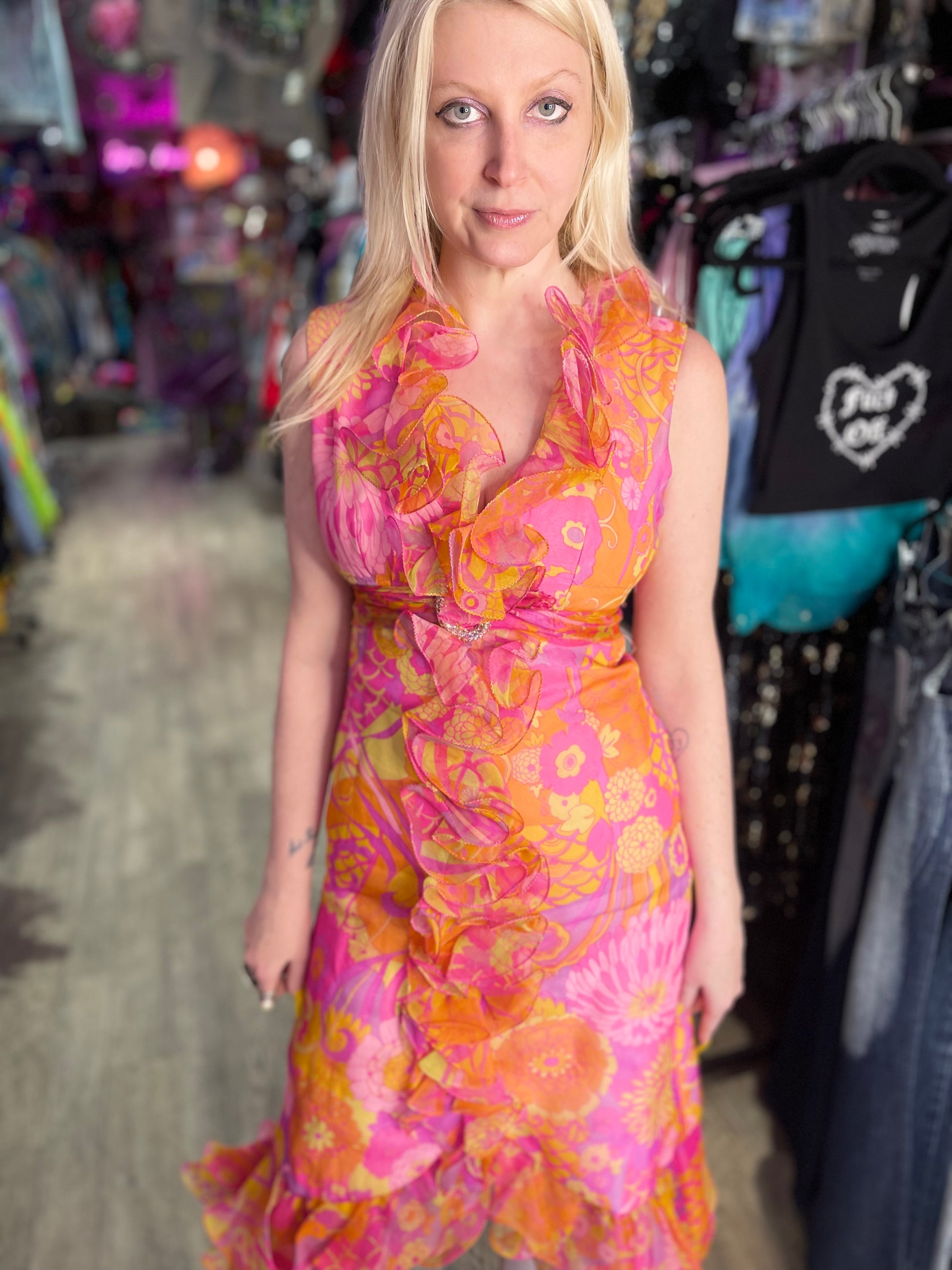 Vintage 60s 70s Groovy Ruffle Midi Dress - Spark Pretty