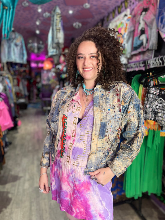 Vintage 80s Custom Patchwork Designer Quilted Bling Denim Jacket