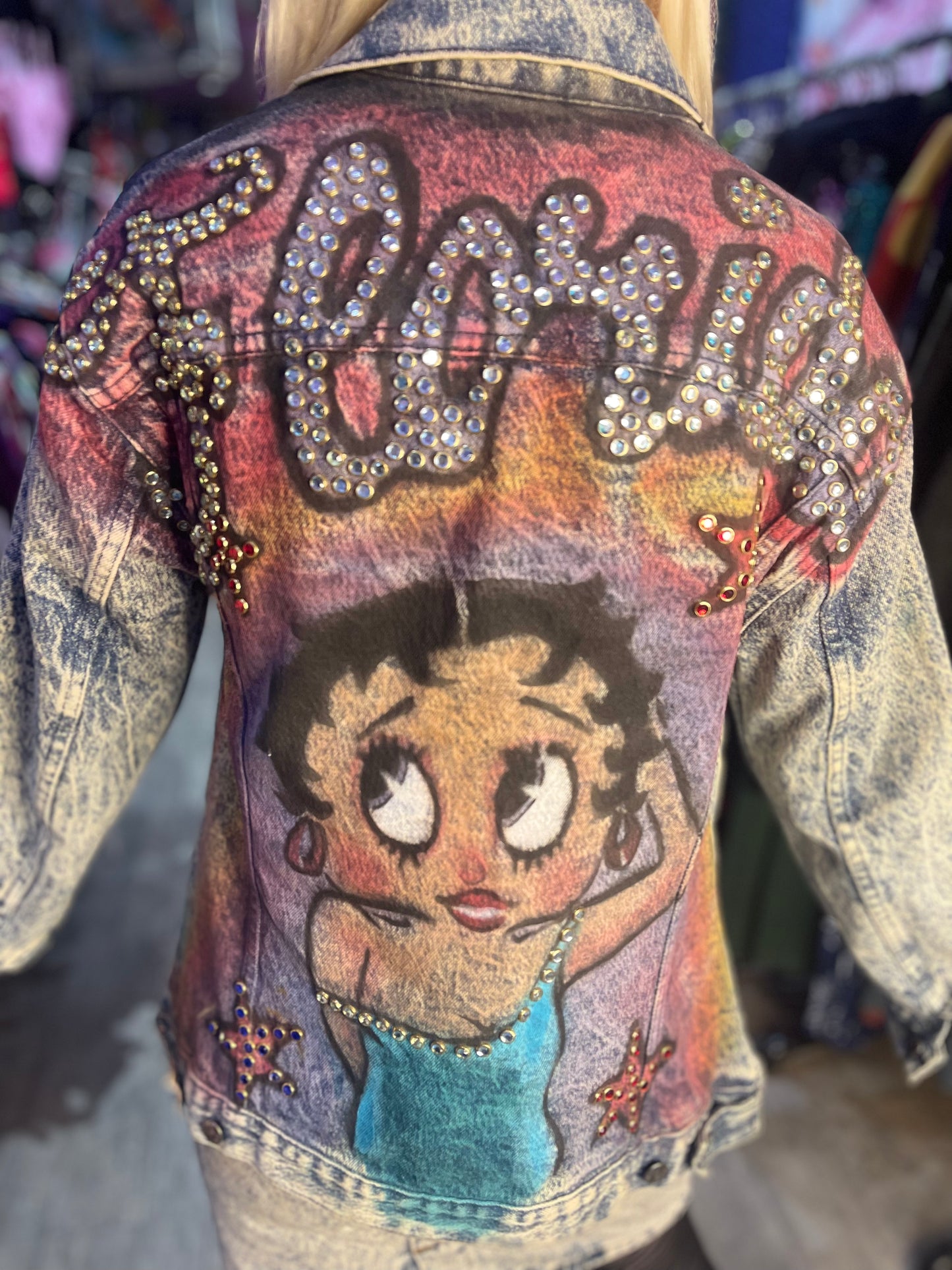 Vintage Acid Wash Betty Boop Rhinestone painted Jean jacket