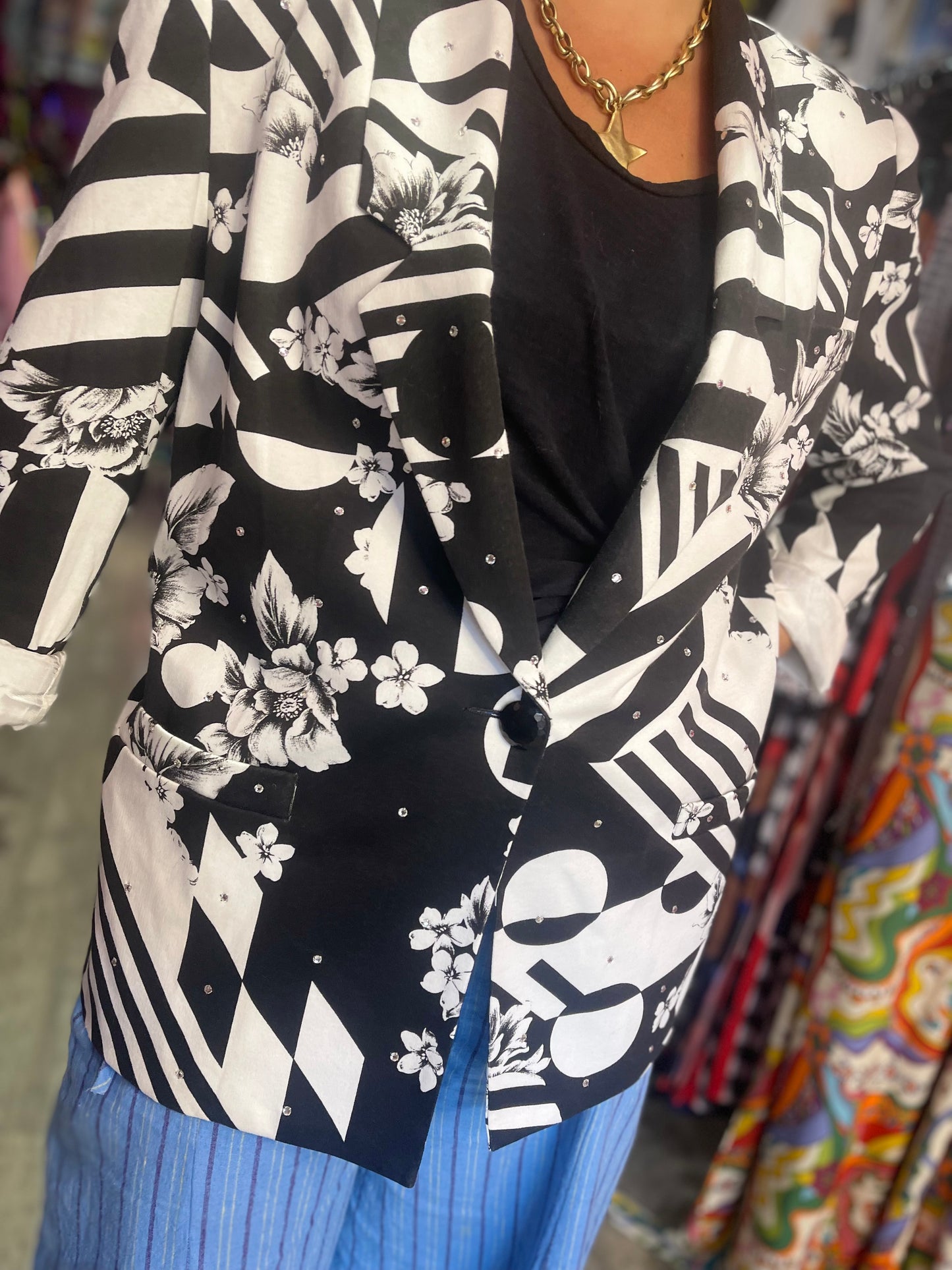 Vintage 90s Mix Print Black and White Geometric Blazer