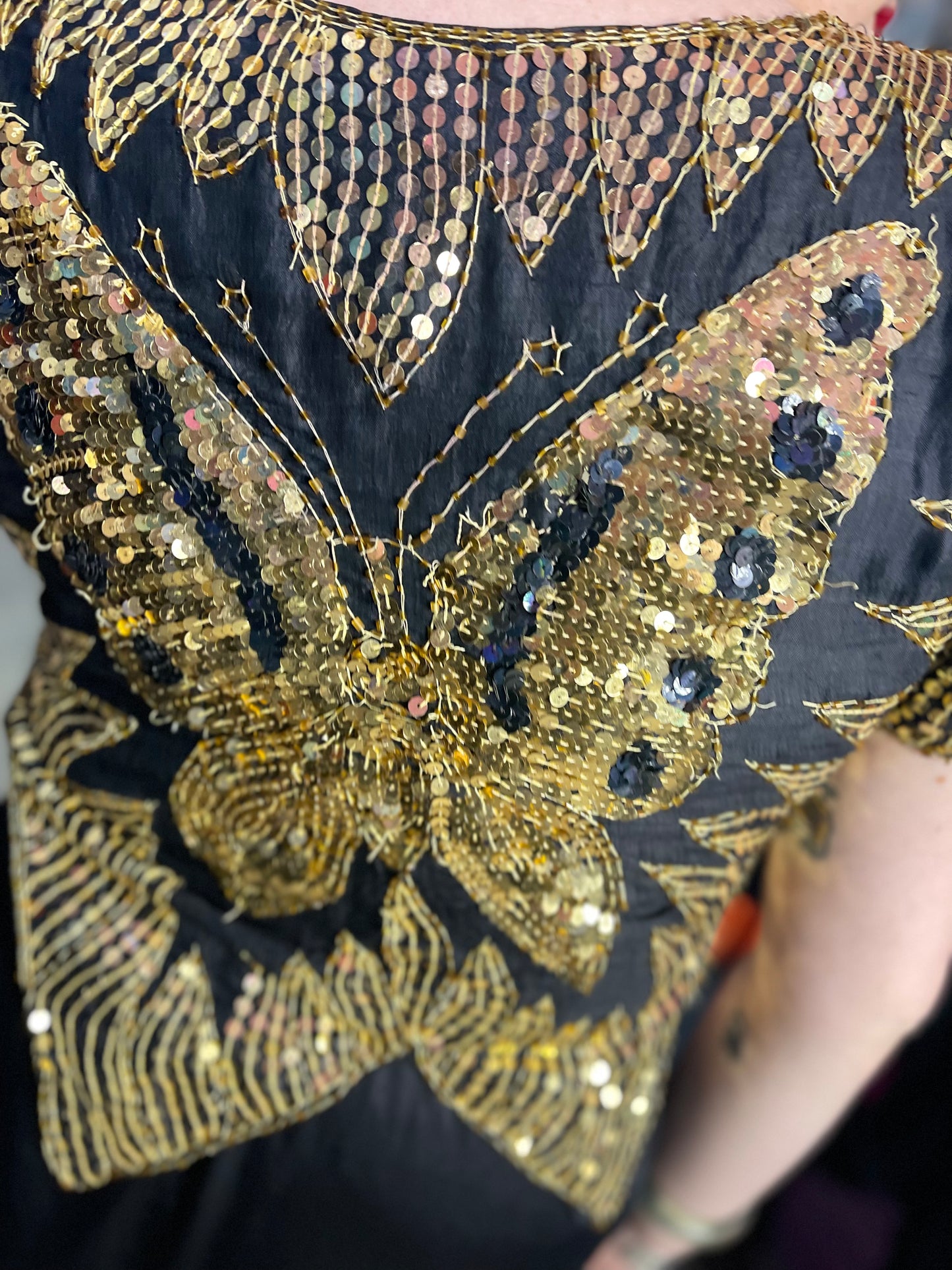 Vintage 80s Sequin Gold Butterfly Top