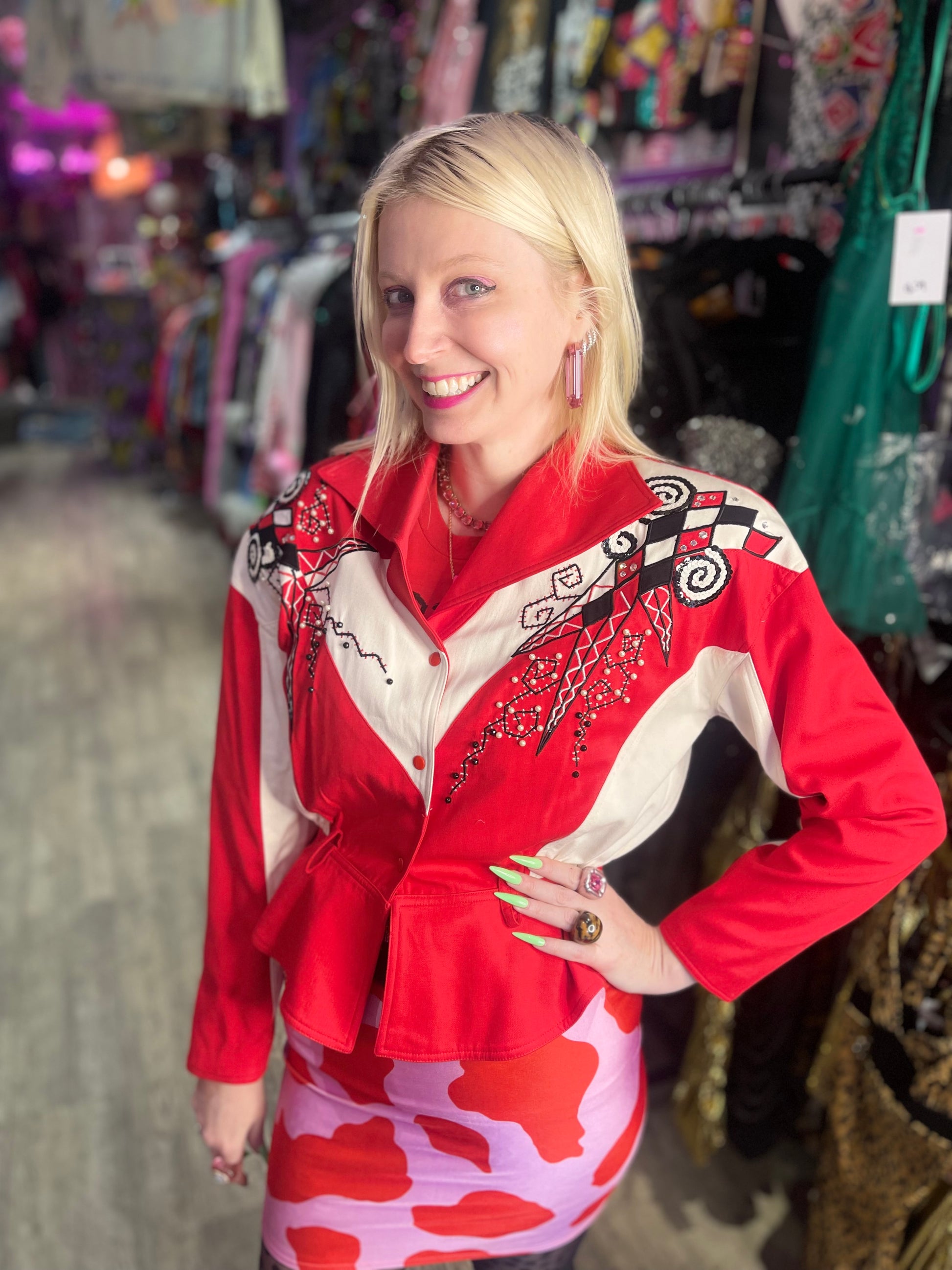 Vintage 90s Bedazzled Studded Red & White Jacket - Spark Pretty