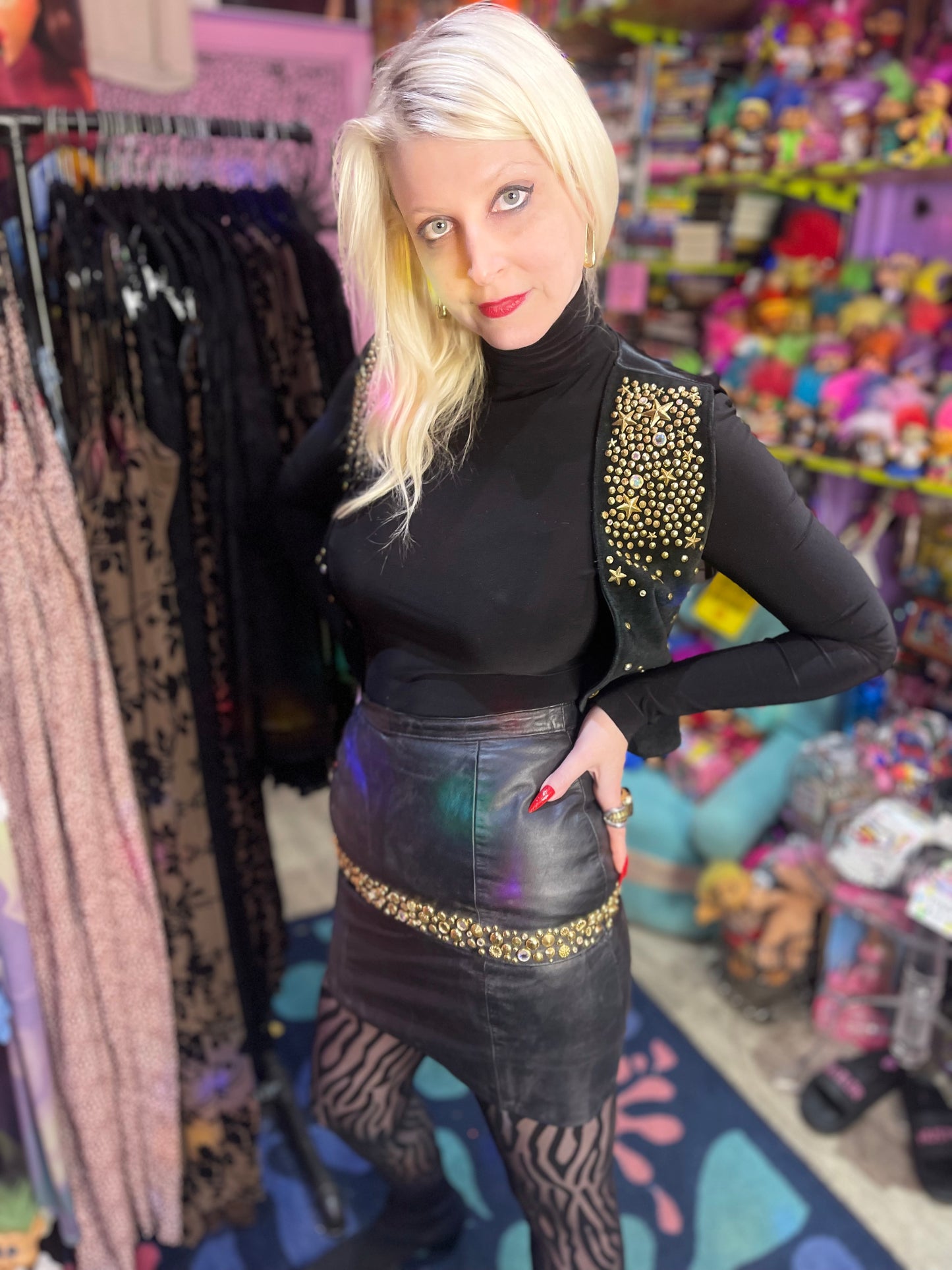 Vintage 80s Studded and Bedazzled Leather Mini Skirt