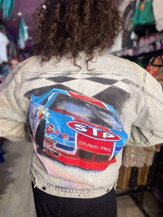 Vintage 90s Race Car Painted Jean Jacket