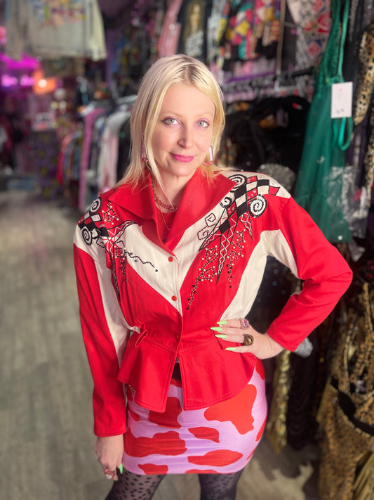 Vintage 90s Bedazzled Studded Red & White Jacket - Spark Pretty