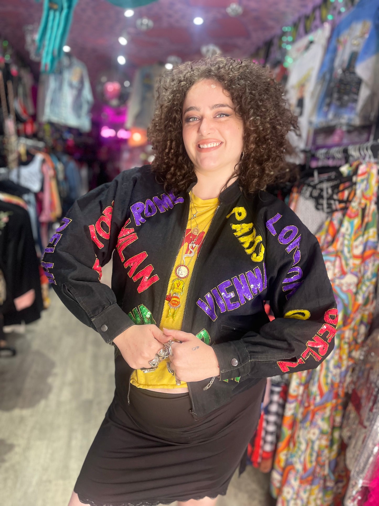 Vintage 90s Sequin City Theme Bomber Denim Jacket