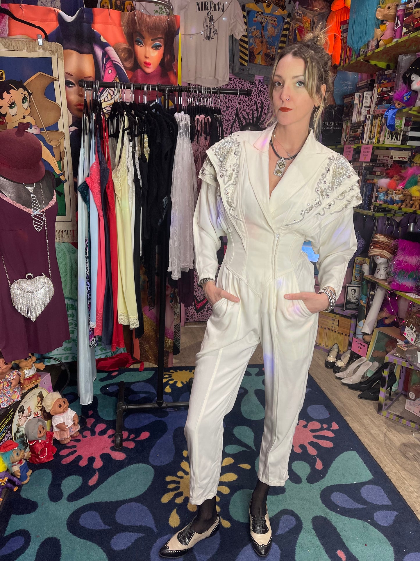 Vintage 90s White Beaded Dynasty Jumpsuit