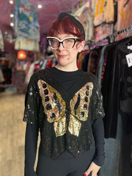 Vintage 80s Sequin Black Gold Butterfly Top