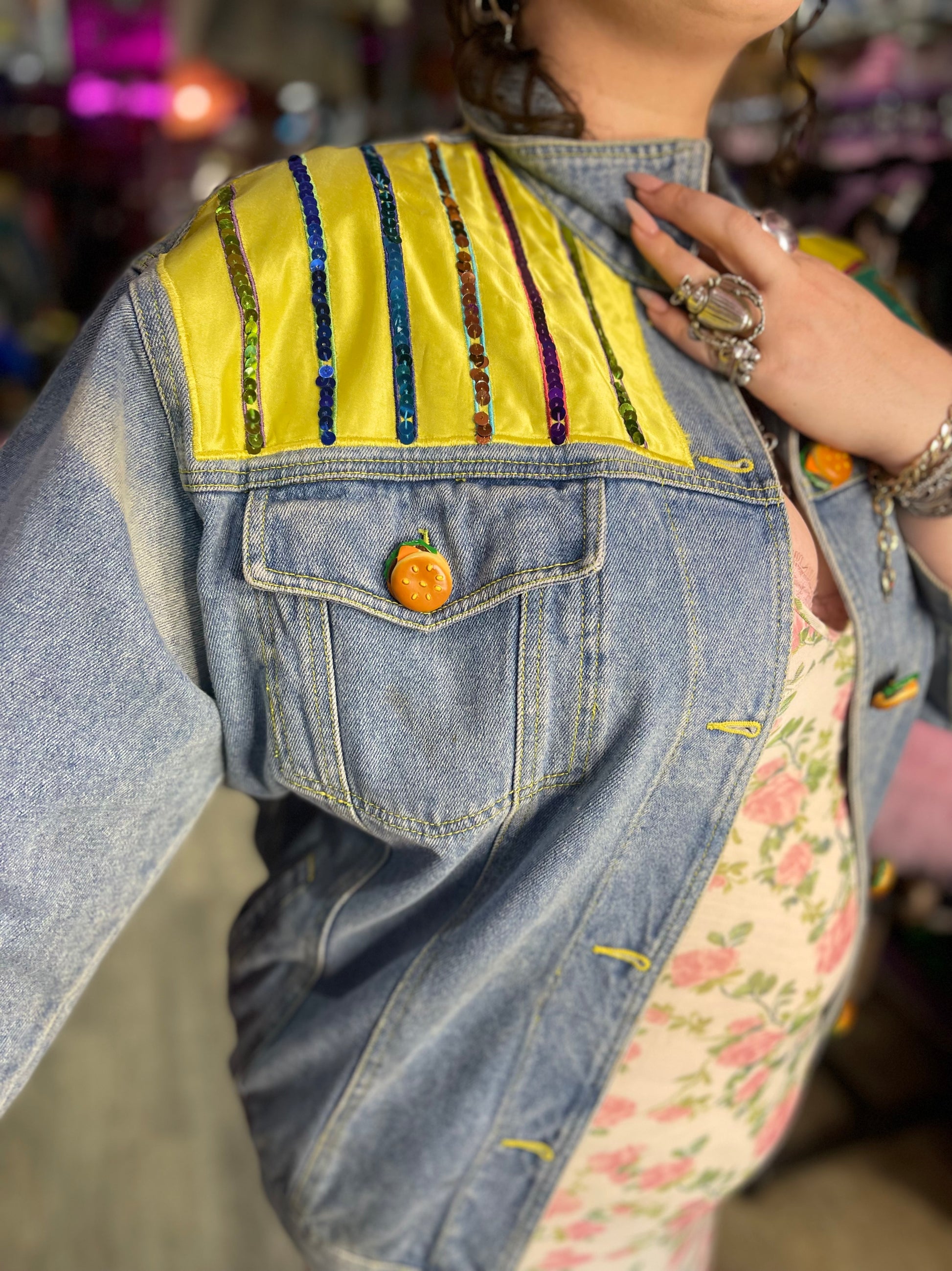 Vintage 90s Sequin Diner Theme Jean Jacket - Spark Pretty
