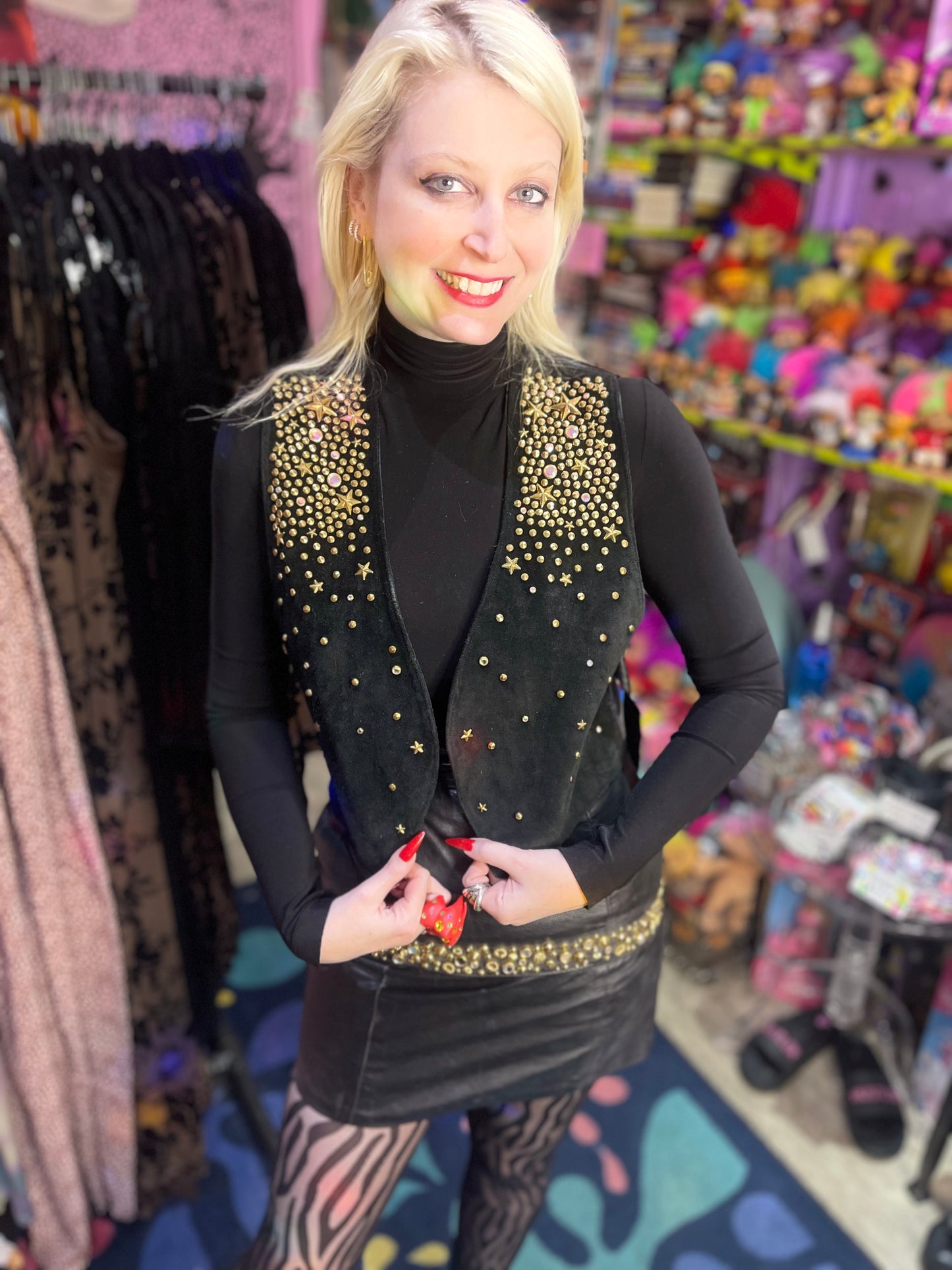 Vintage 90s Suede Bedazzled and Gold Studded Vest