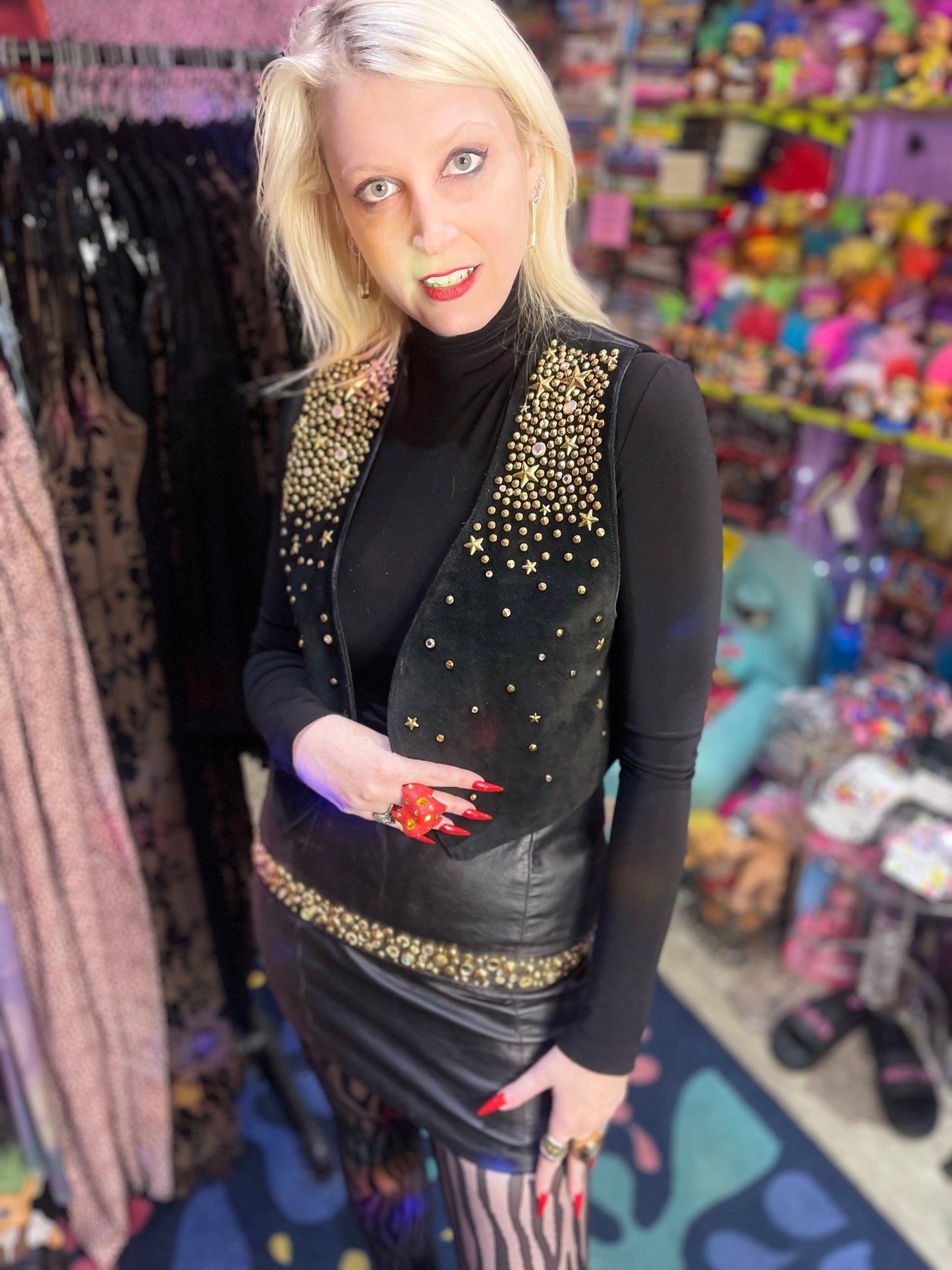 Vintage 80s Studded and Bedazzled Leather Mini Skirt