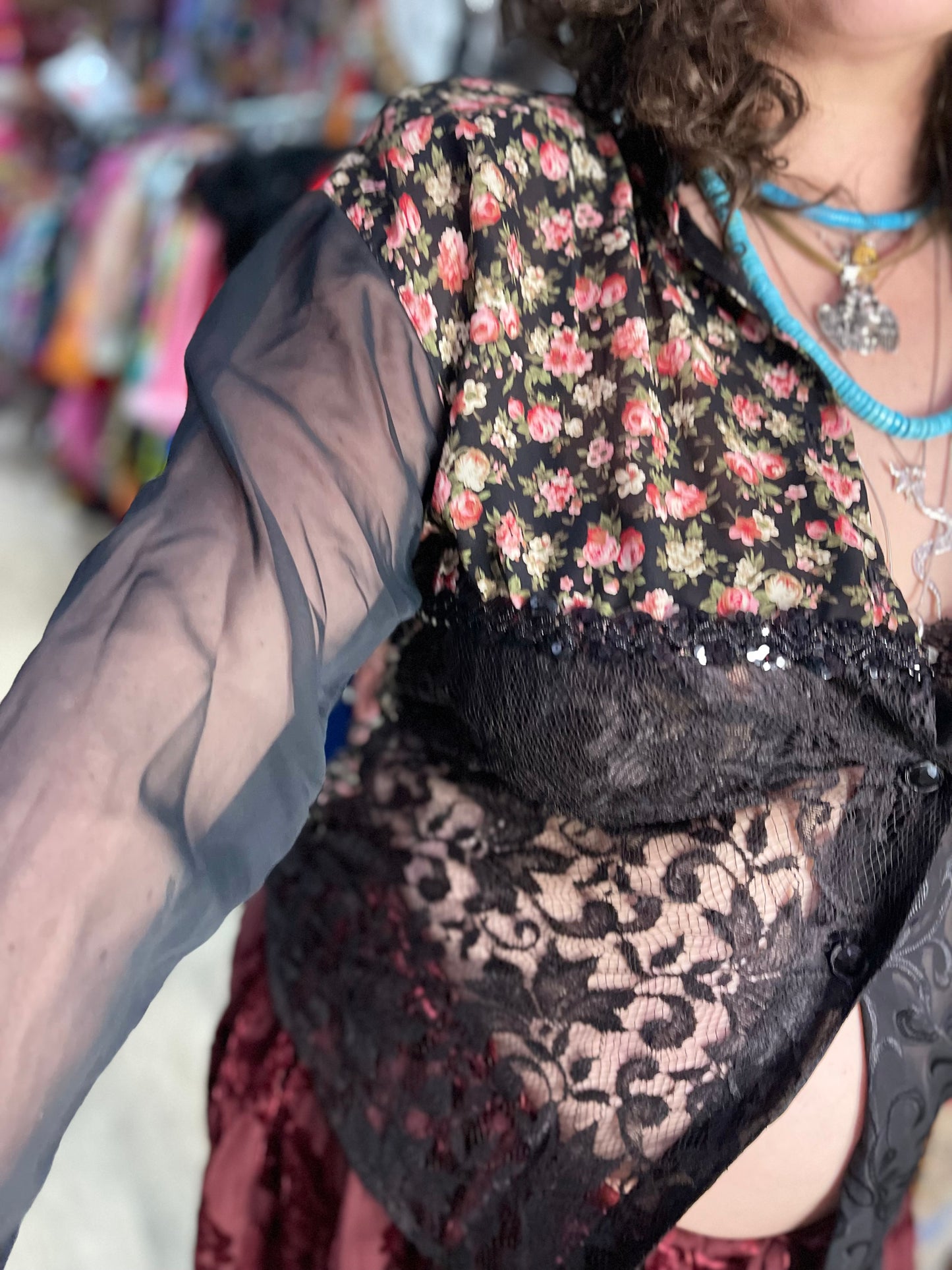 Vintage 90s Mix Print Semi Sheer Blouse - Spark Pretty