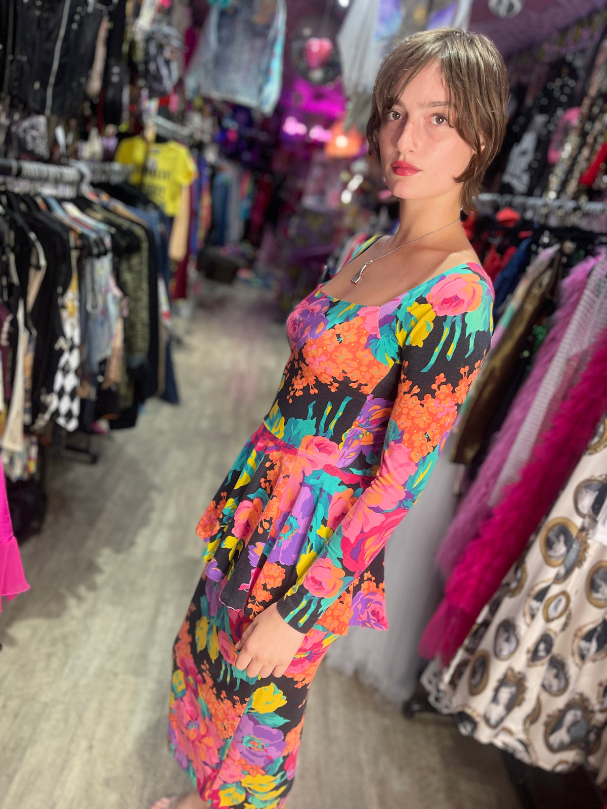 Vintage 80s Floral Punk Label Betsey Johnson Dress