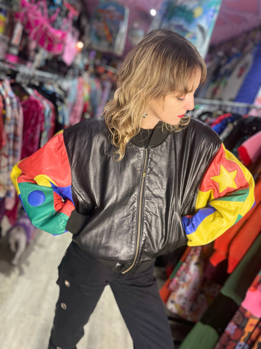 Vintage 90s Colorblock Leather Bomber Jacket