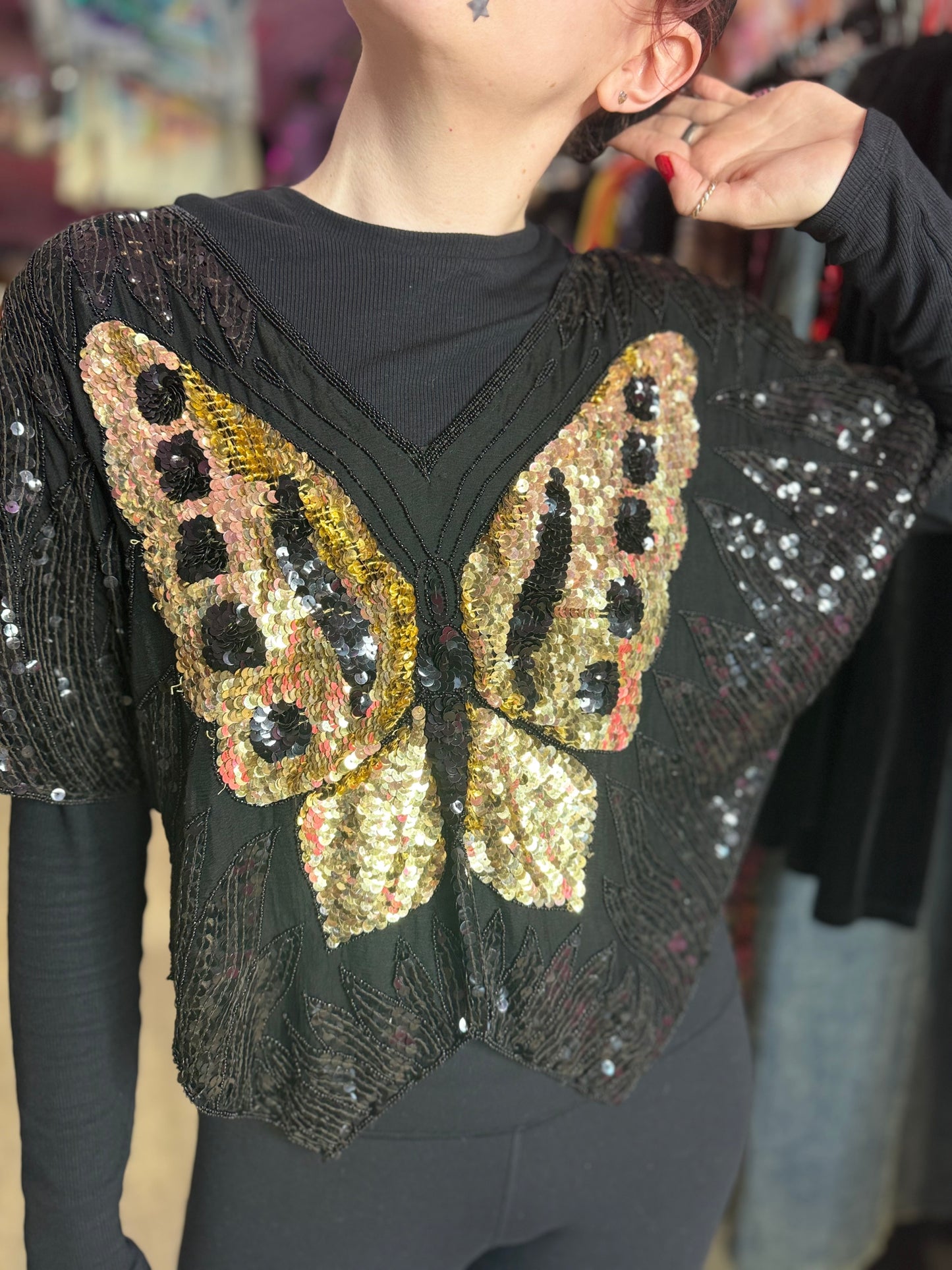 Vintage 80s Sequin Black Gold Butterfly Top