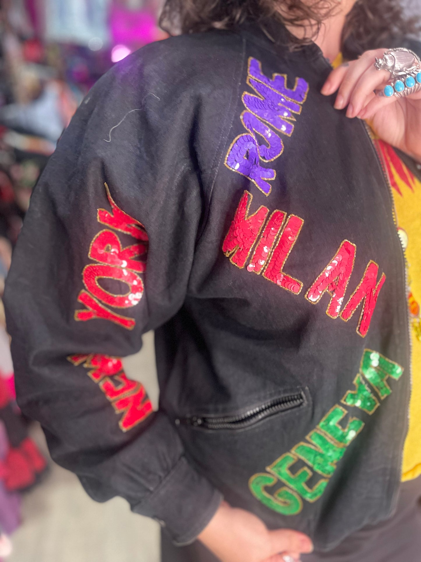 Vintage 90s Sequin City Theme Bomber Denim Jacket