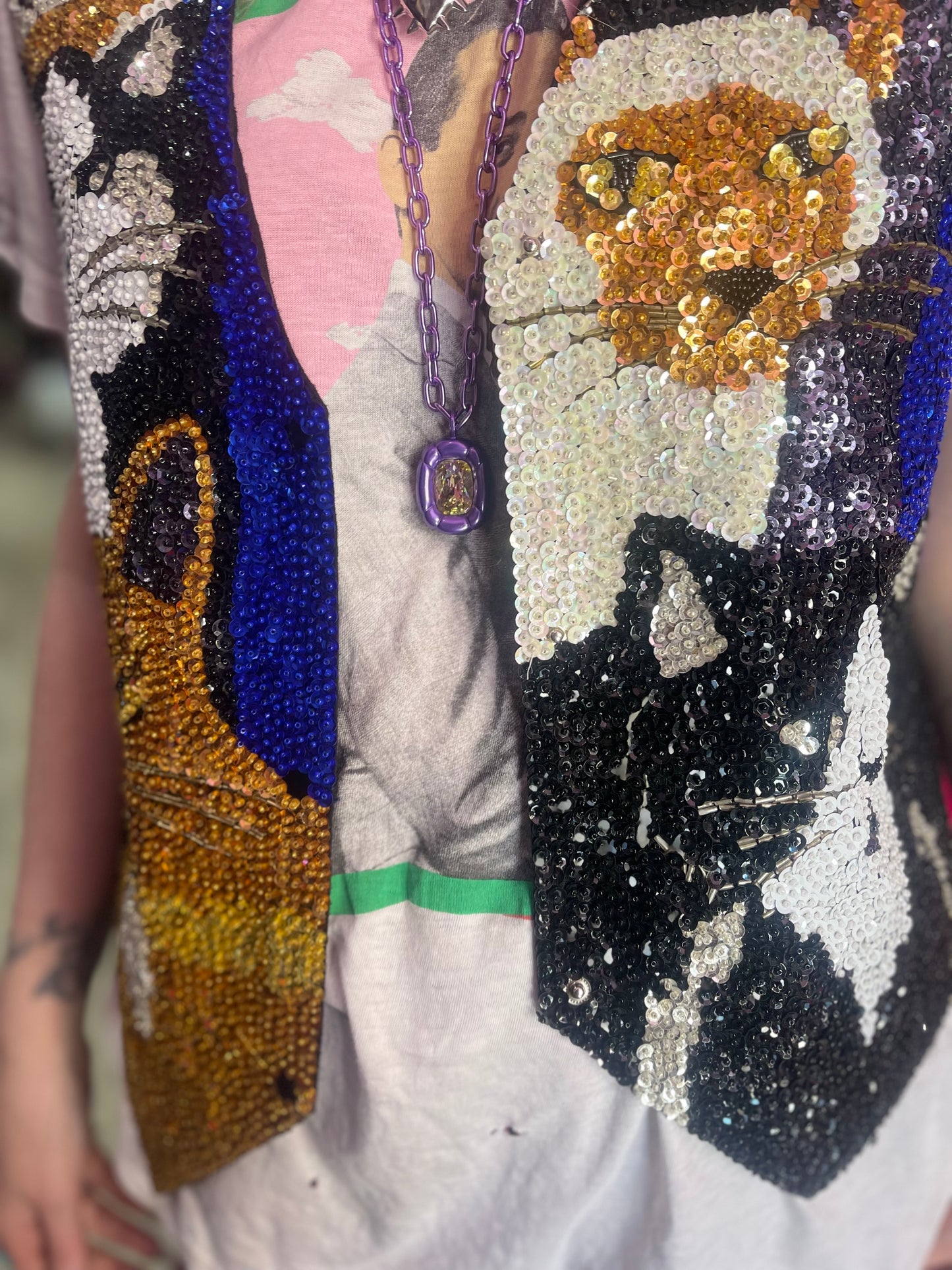 Vintage 90s Sequin Cats Theme Sequin Vest - Spark Pretty
