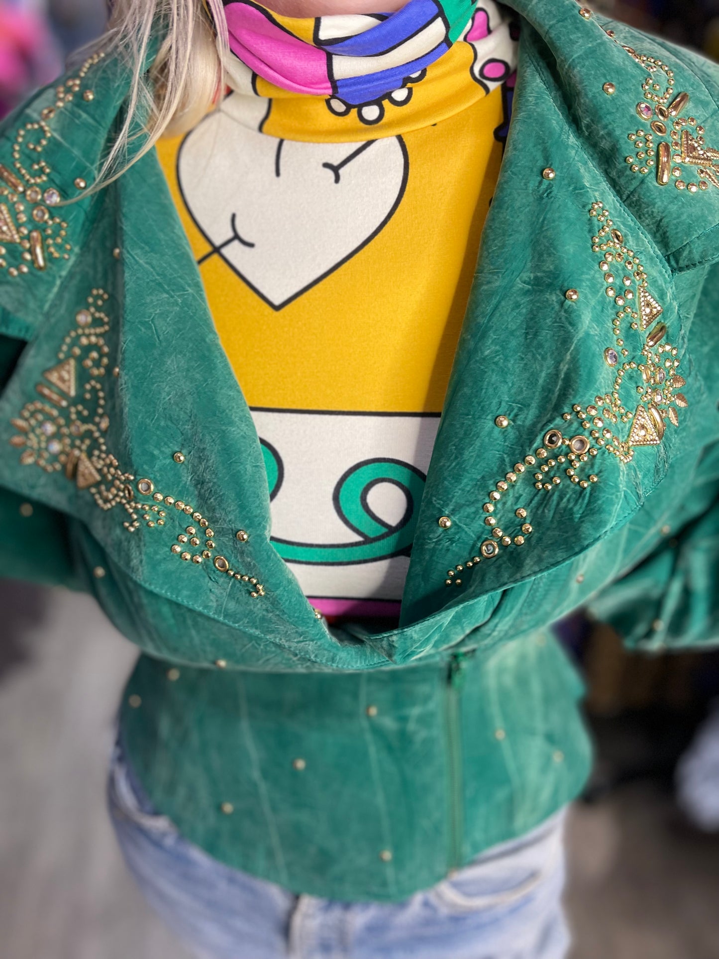 Vintage 90s Jewel Green Bedazzled Studded Moto Jacket