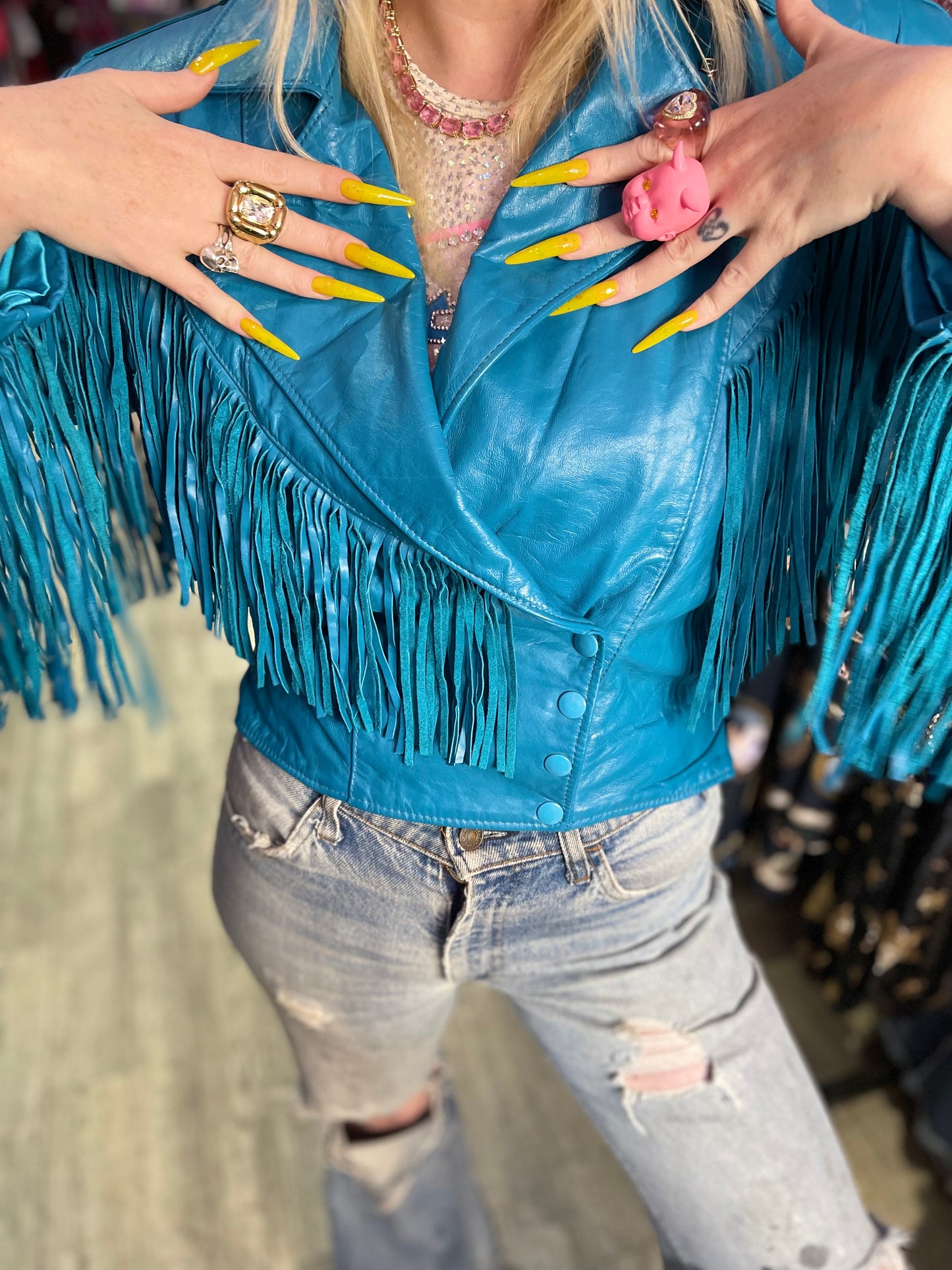 Vintage 80s Turquoise Blue Leather Fringe Moto Jacket - Spark Pretty